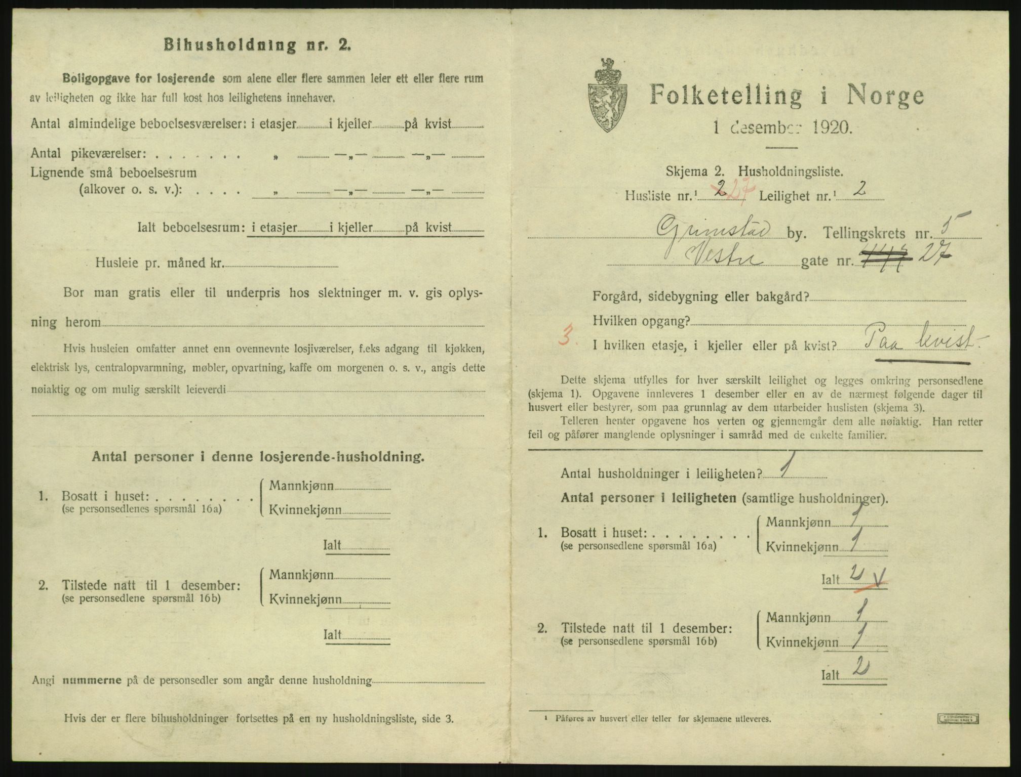 SAK, 1920 census for Grimstad, 1920, p. 2155