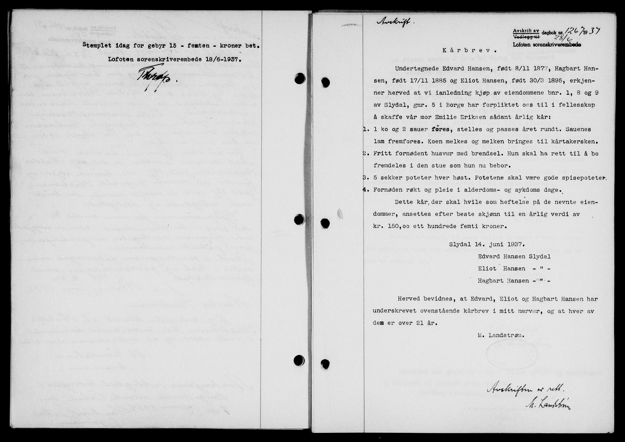 Lofoten sorenskriveri, SAT/A-0017/1/2/2C/L0002a: Mortgage book no. 2a, 1937-1937, Diary no: : 1267/1937