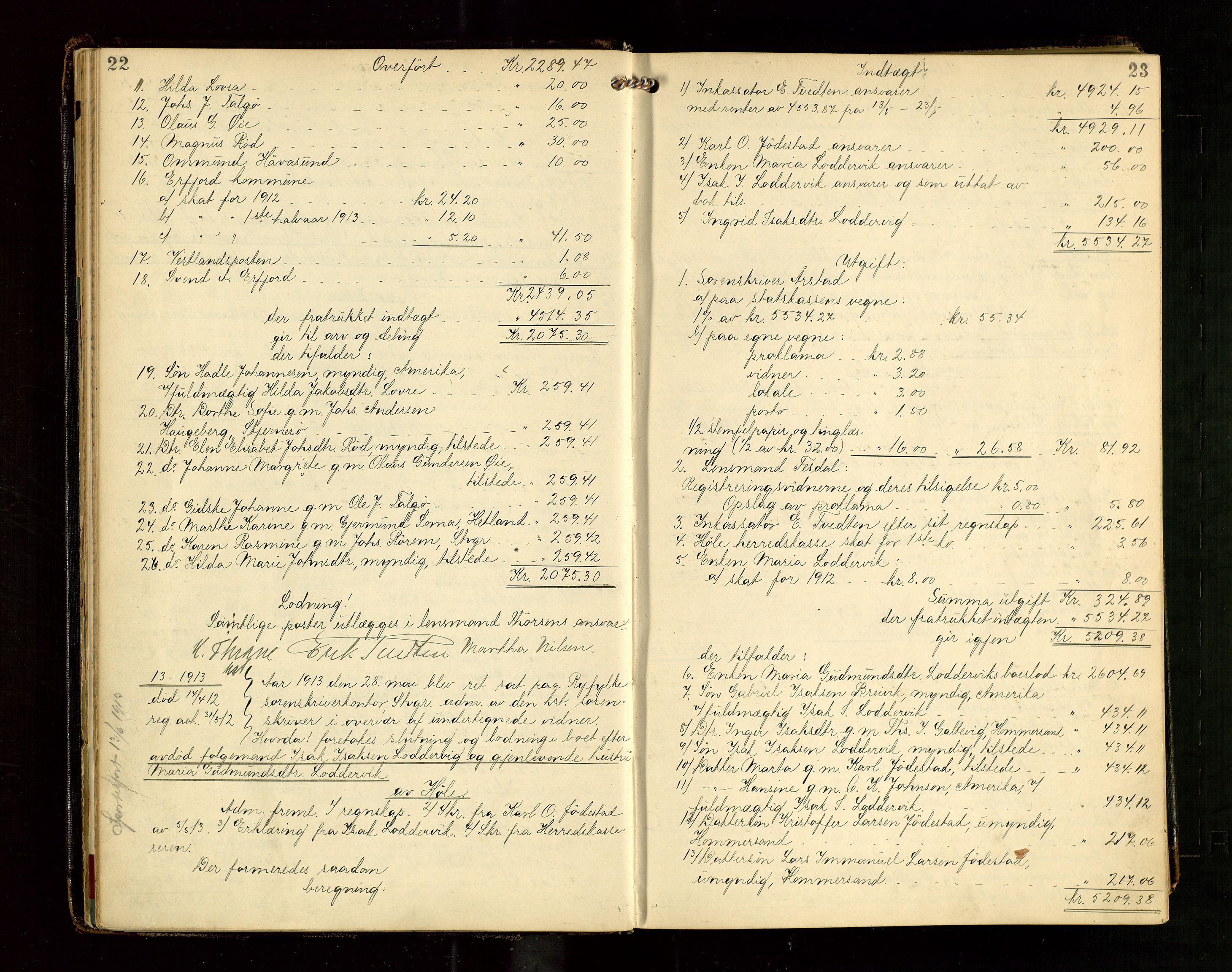 Ryfylke tingrett, AV/SAST-A-100055/001/IV/IVG/L0004: Skifteutlodningsprotokoll Med register, 1912-1918, p. 22-23