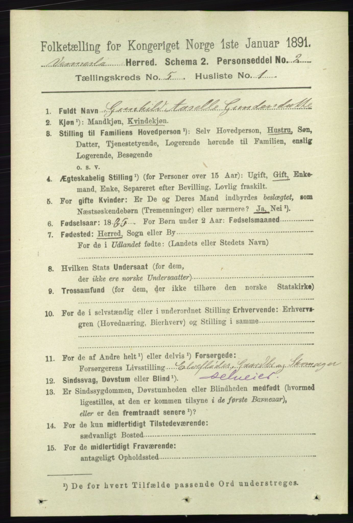 RA, 1891 census for 1014 Vennesla, 1891, p. 1214