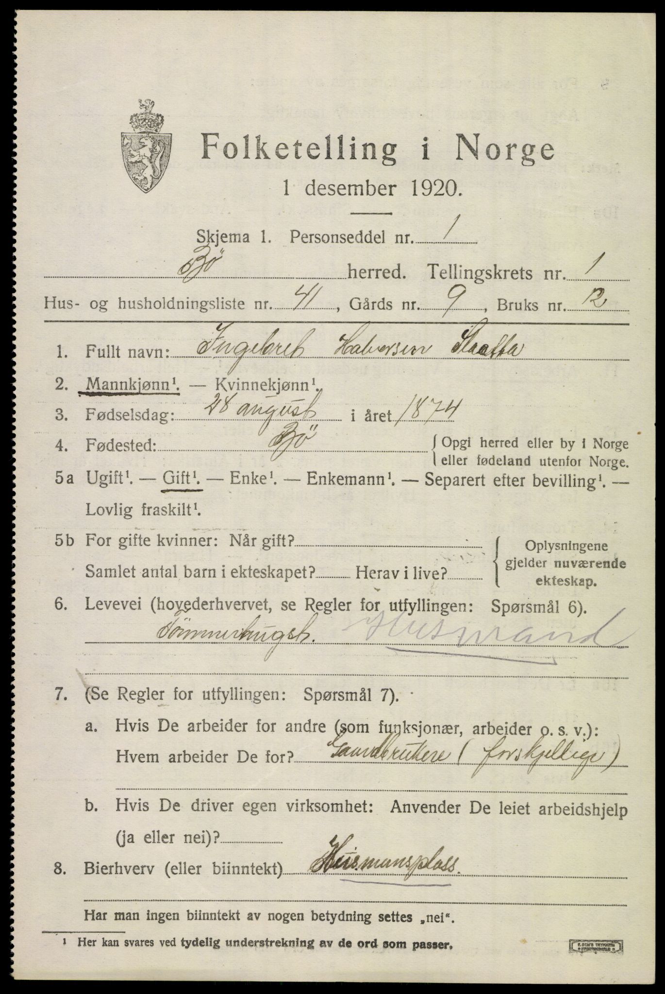 SAKO, 1920 census for Bø (Telemark), 1920, p. 1694