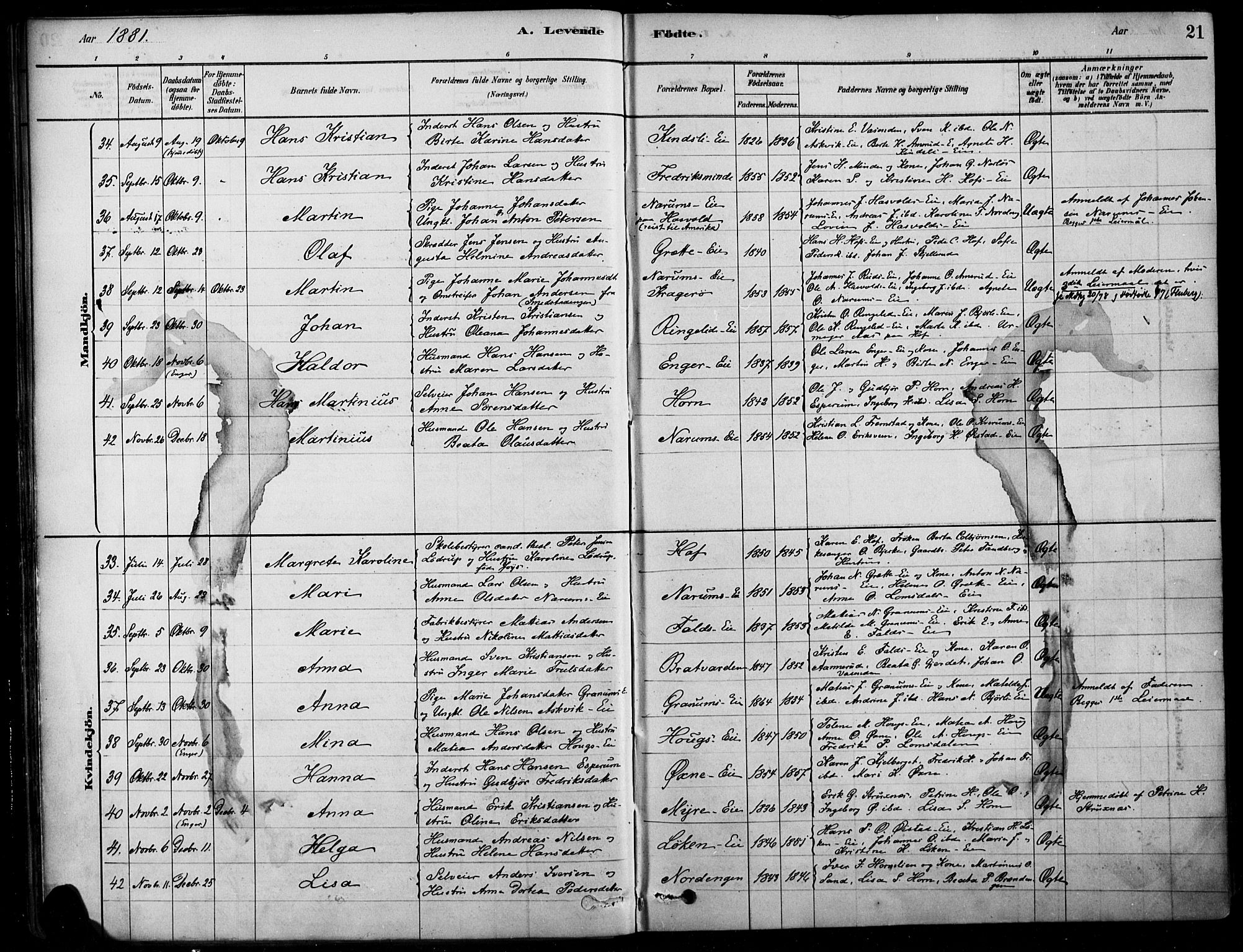 Søndre Land prestekontor, AV/SAH-PREST-122/K/L0003: Parish register (official) no. 3, 1878-1894, p. 21