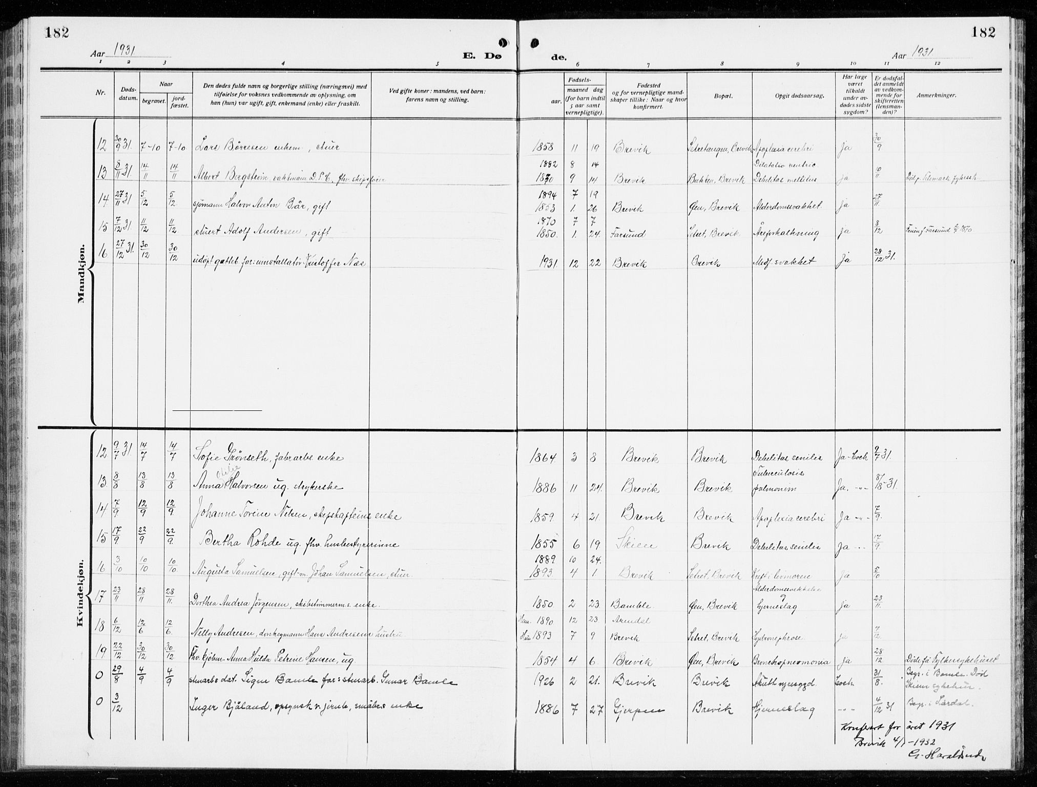 Brevik kirkebøker, SAKO/A-255/G/Ga/L0006: Parish register (copy) no. 6, 1922-1940, p. 182