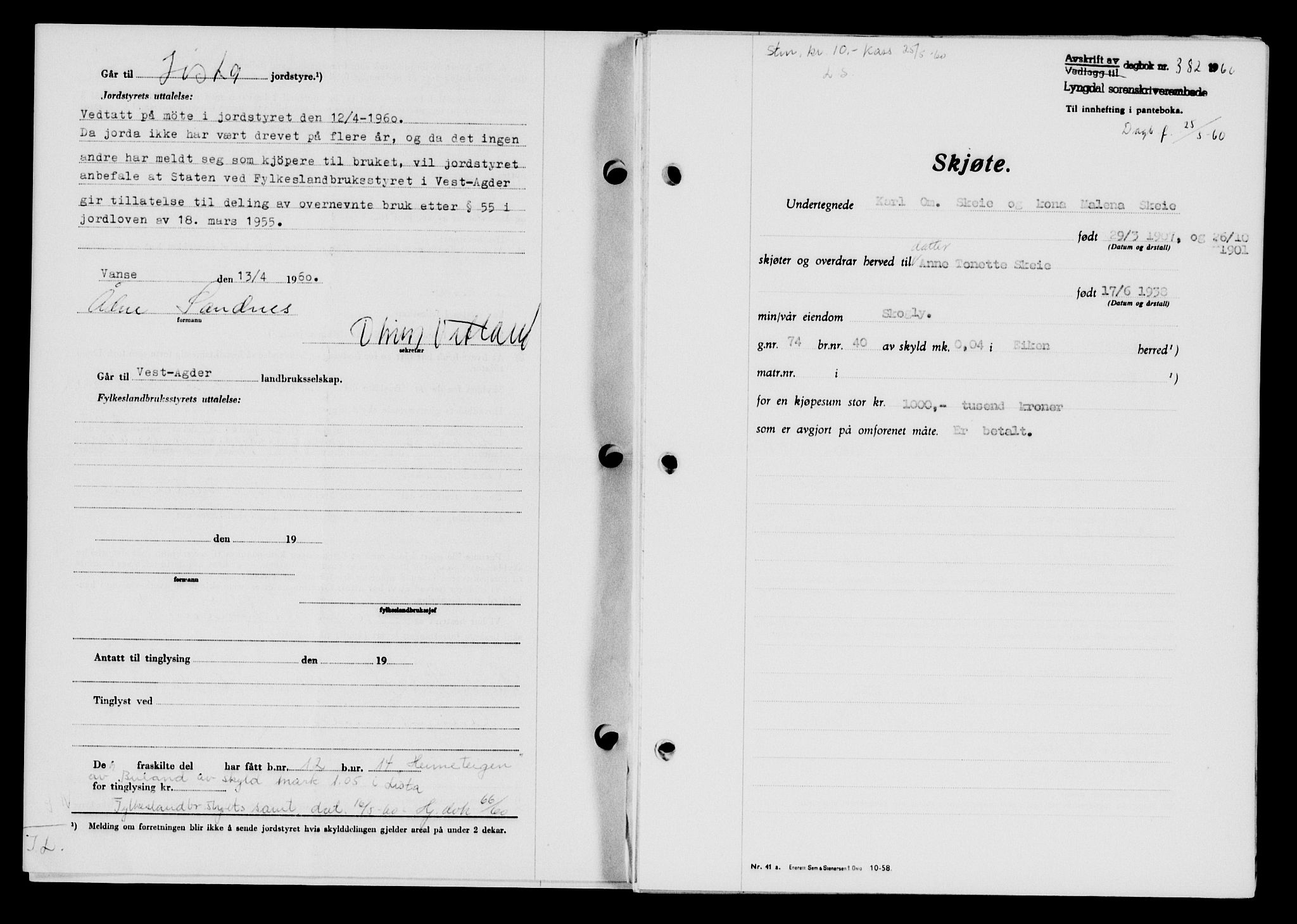 Lyngdal sorenskriveri, AV/SAK-1221-0004/G/Gb/L0679: Mortgage book no. A XXV, 1959-1960, Diary no: : 382/1960