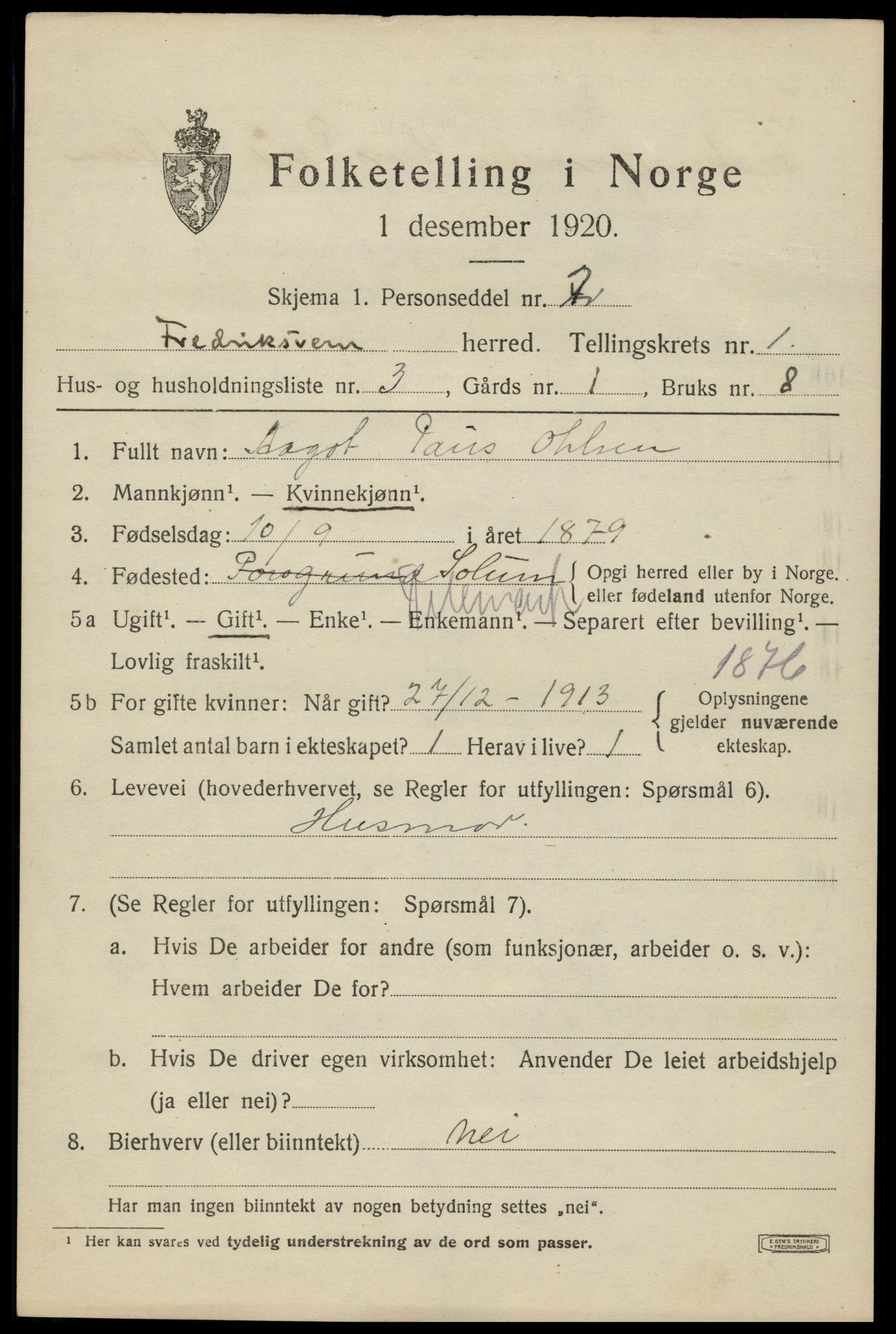 SAKO, 1920 census for Fredriksvern, 1920, p. 407