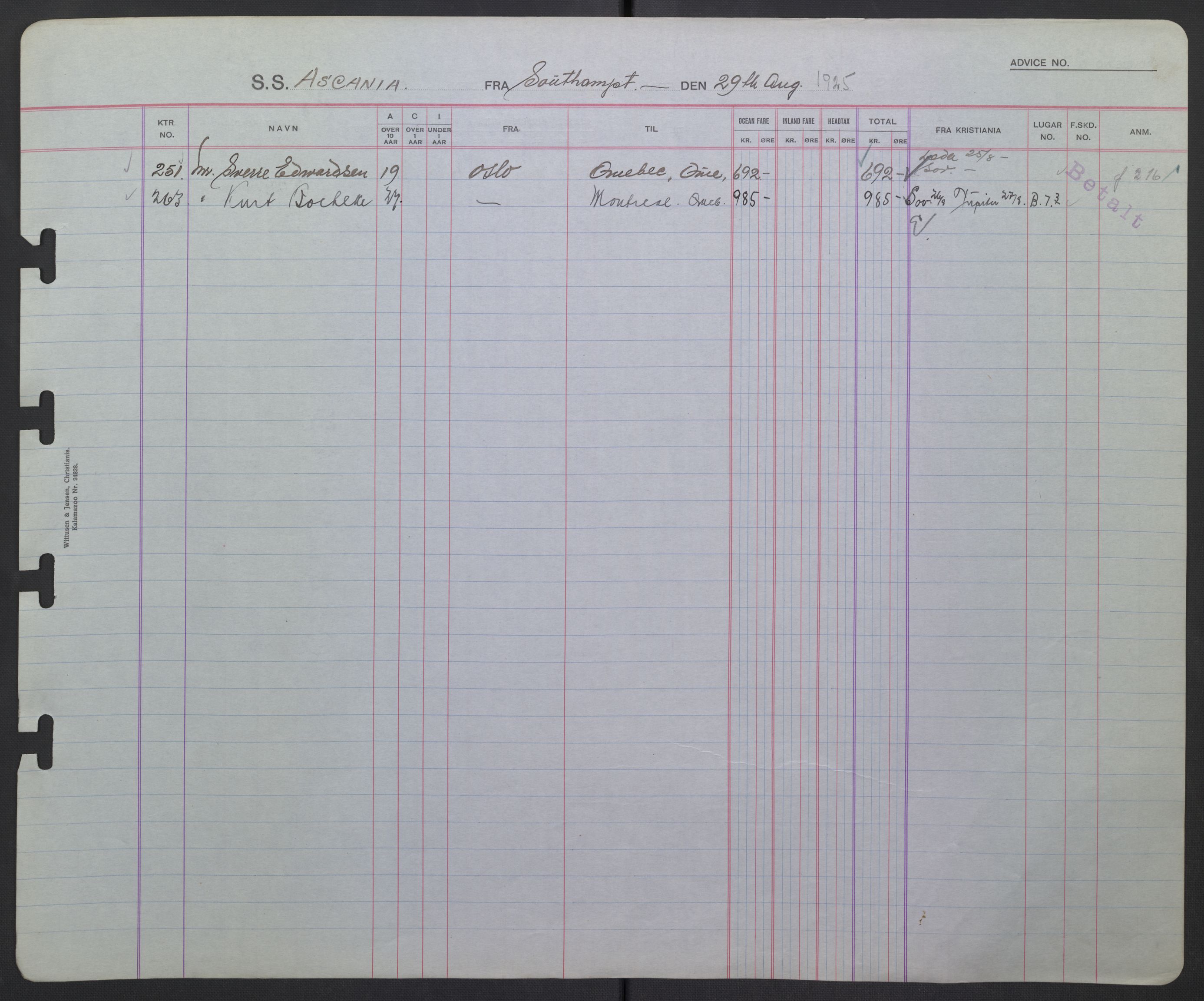 White Star-linjen, SAO/PAO-0201/D/Db/L0003: Passasjerlister, 1924-1938, p. 218