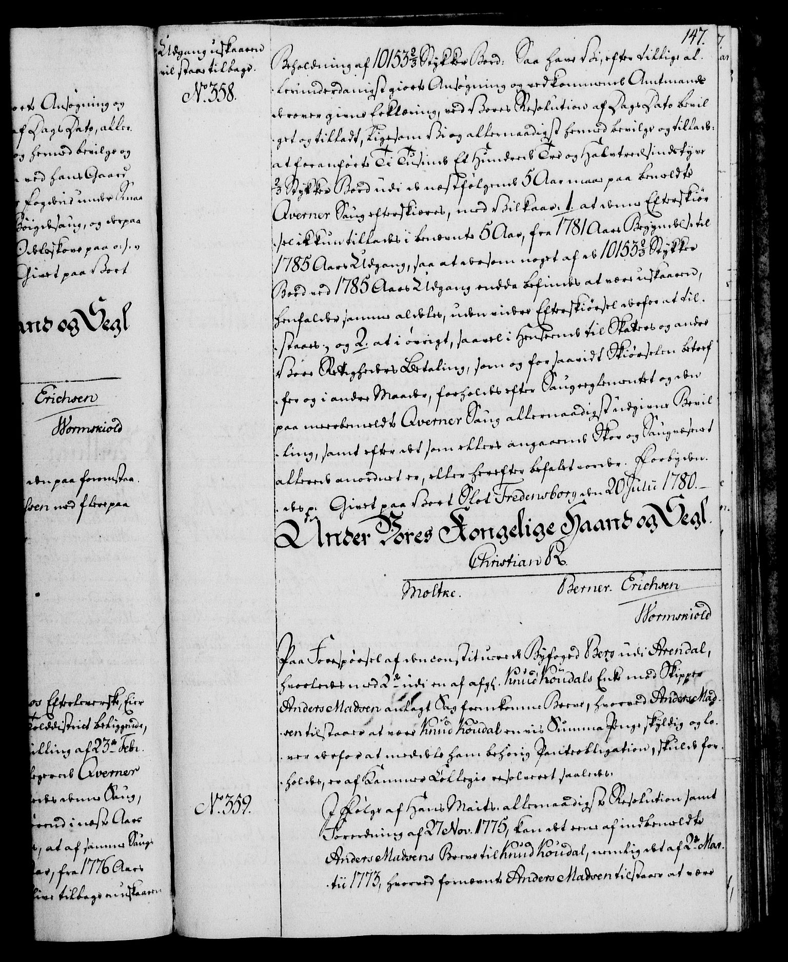 Rentekammeret, Kammerkanselliet, AV/RA-EA-3111/G/Gg/Gga/L0011: Norsk ekspedisjonsprotokoll med register (merket RK 53.11), 1779-1781, p. 147