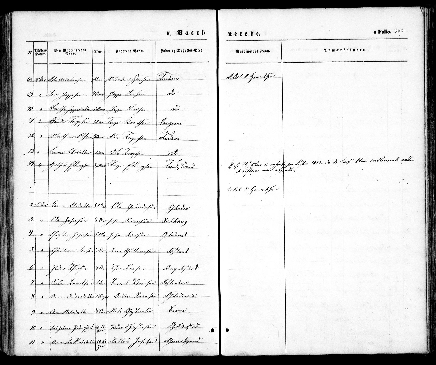 Holt sokneprestkontor, AV/SAK-1111-0021/F/Fa/L0008: Parish register (official) no. A 8, 1849-1860, p. 383