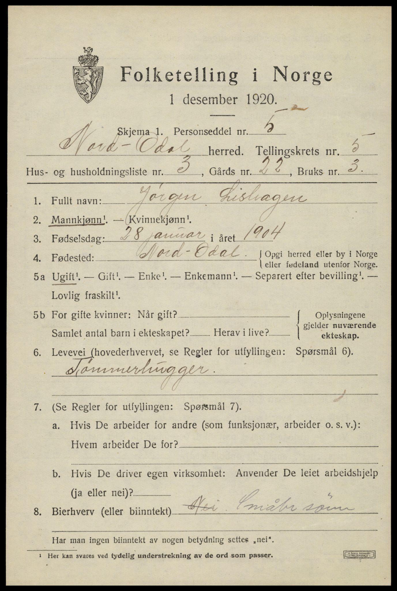 SAH, 1920 census for Nord-Odal, 1920, p. 5063