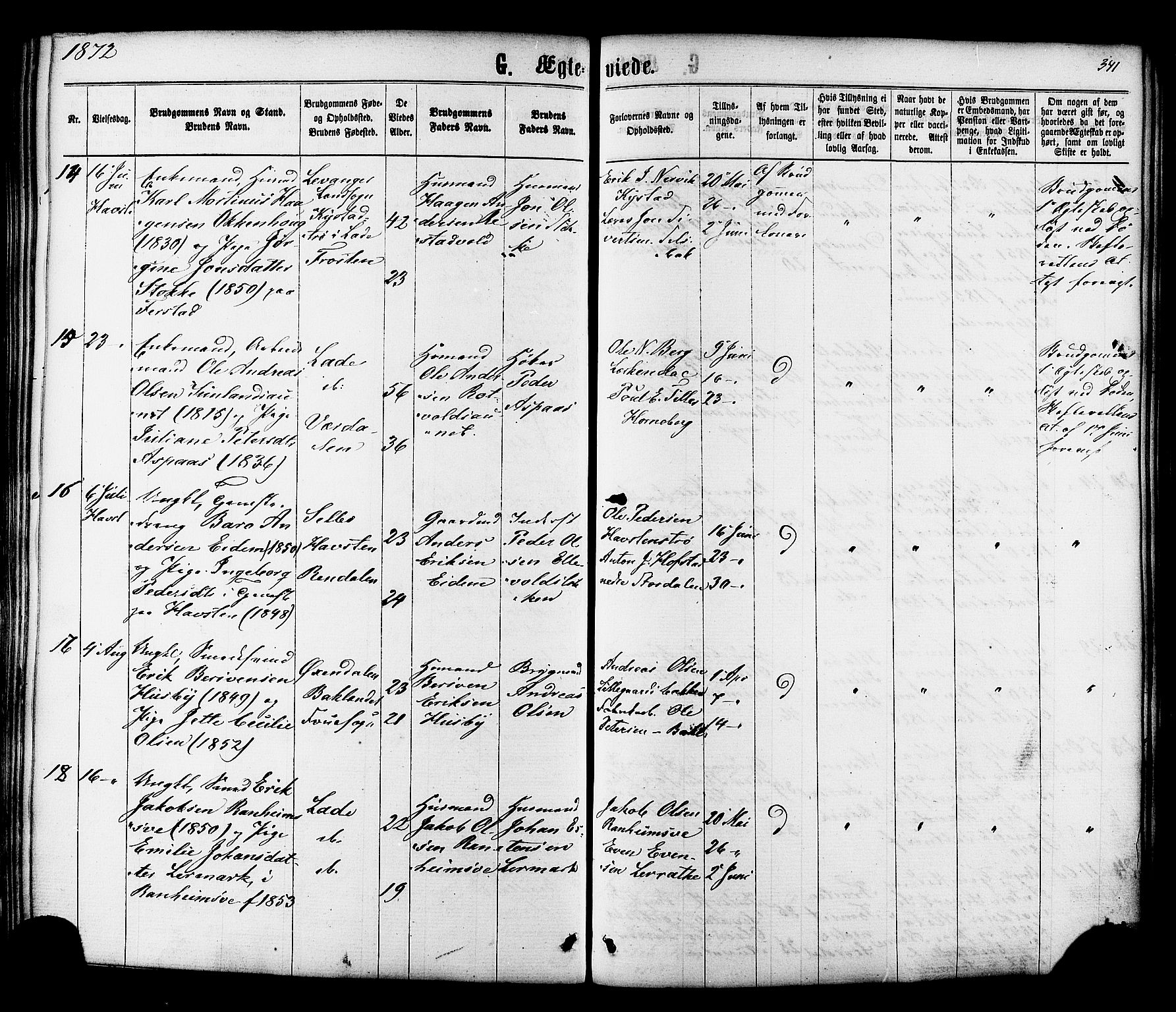 Ministerialprotokoller, klokkerbøker og fødselsregistre - Sør-Trøndelag, AV/SAT-A-1456/606/L0293: Parish register (official) no. 606A08, 1866-1877, p. 341