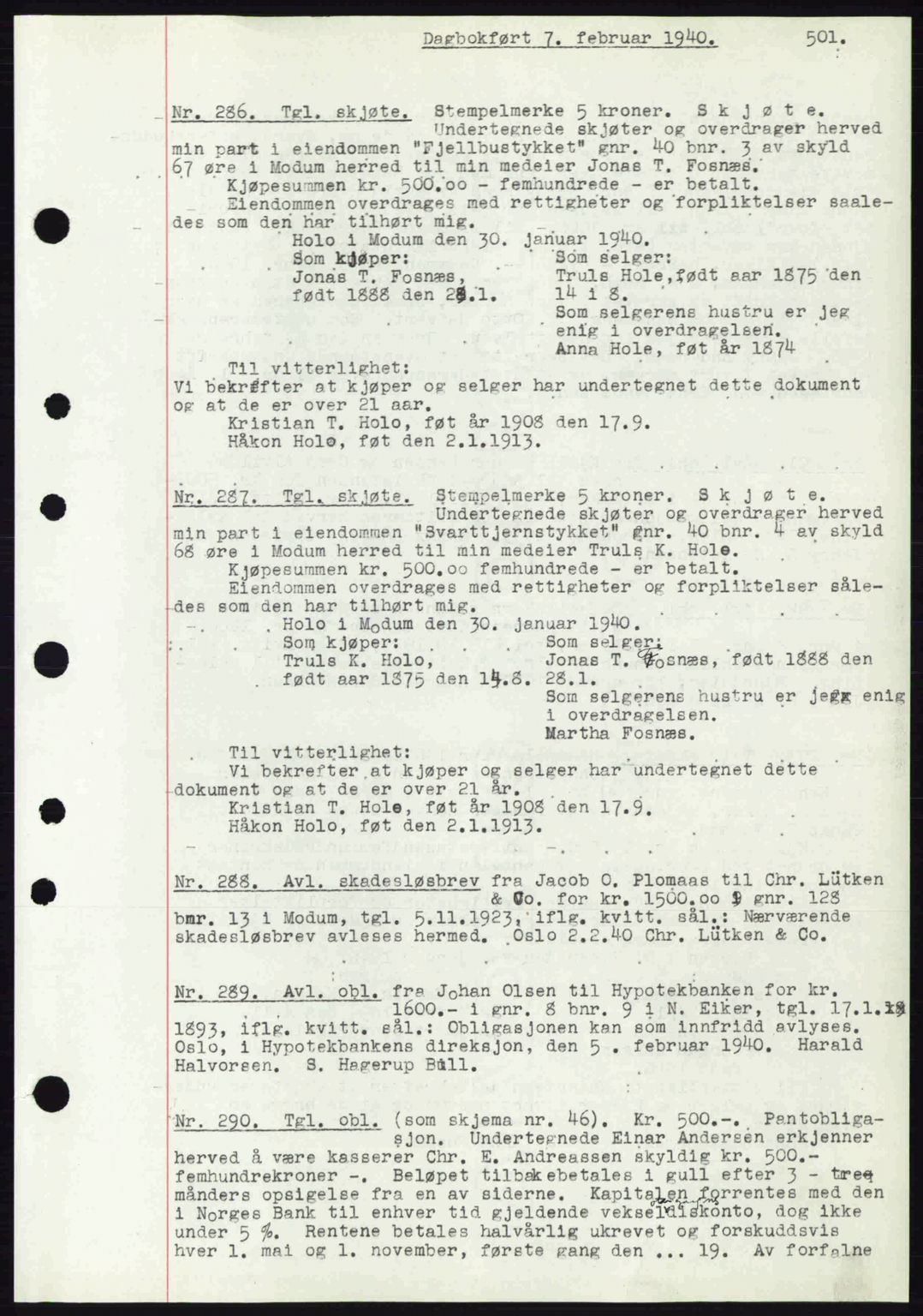 Eiker, Modum og Sigdal sorenskriveri, SAKO/A-123/G/Ga/Gab/L0041: Mortgage book no. A11, 1939-1940, Diary no: : 286/1940