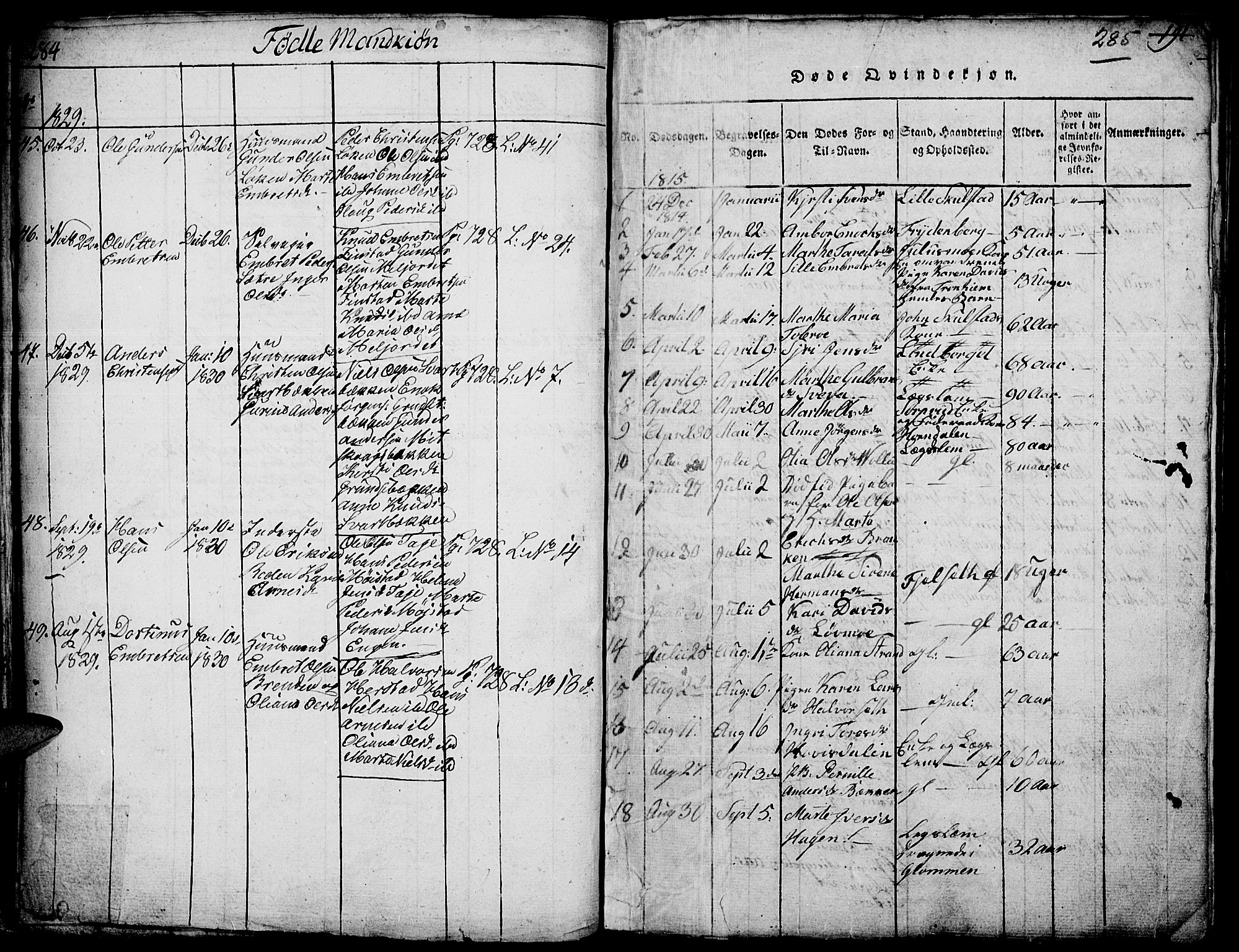 Elverum prestekontor, SAH/PREST-044/H/Ha/Hab/L0001: Parish register (copy) no. 1, 1815-1829, p. 284-285