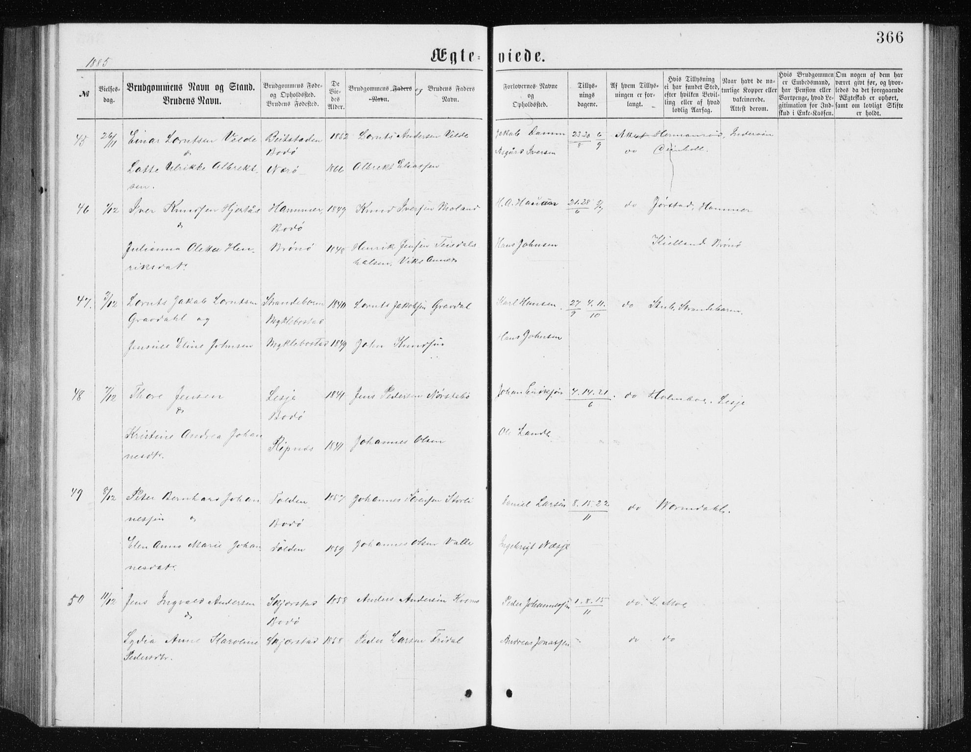 Ministerialprotokoller, klokkerbøker og fødselsregistre - Nordland, AV/SAT-A-1459/801/L0031: Parish register (copy) no. 801C06, 1883-1887, p. 366