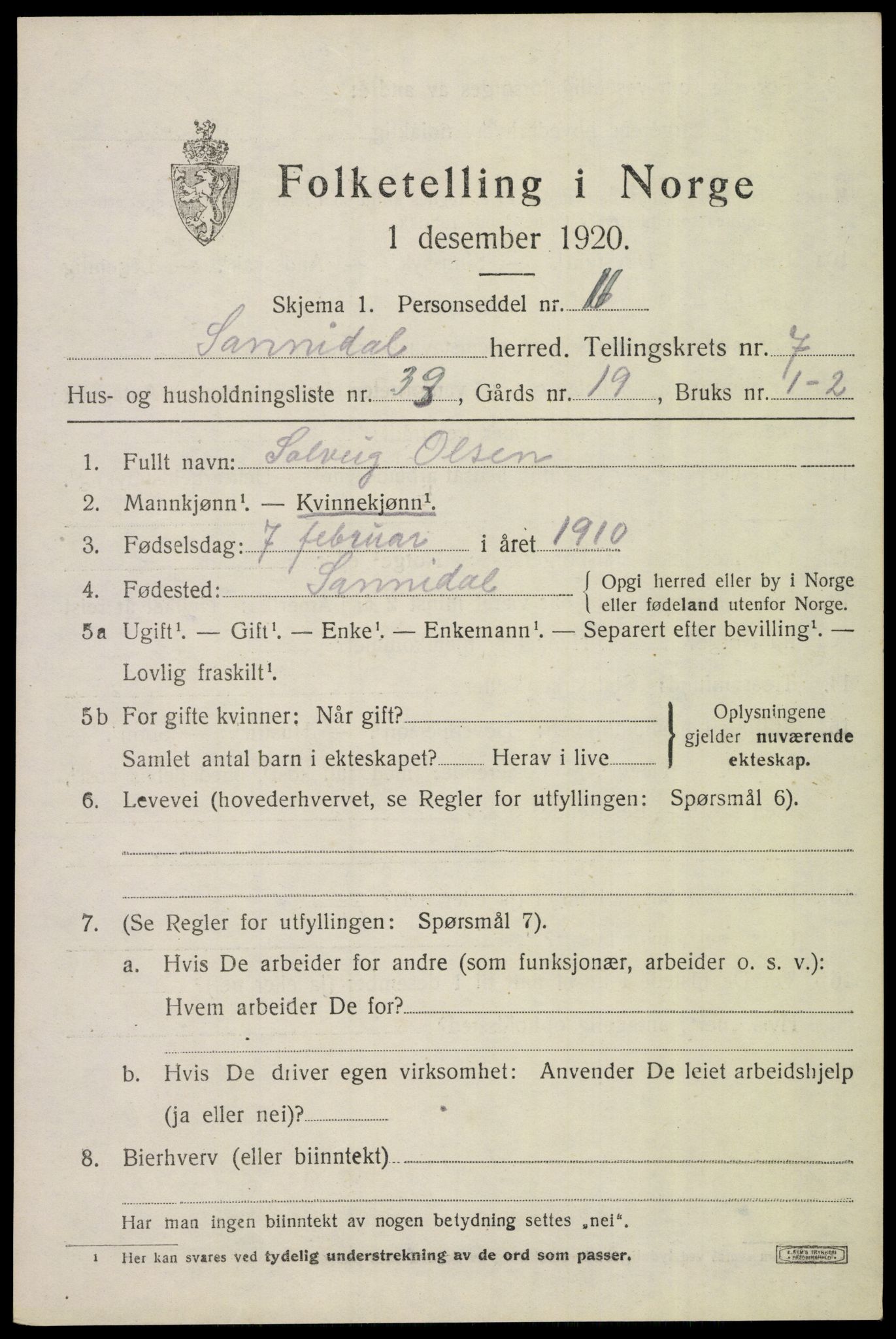 SAKO, 1920 census for Sannidal, 1920, p. 5377