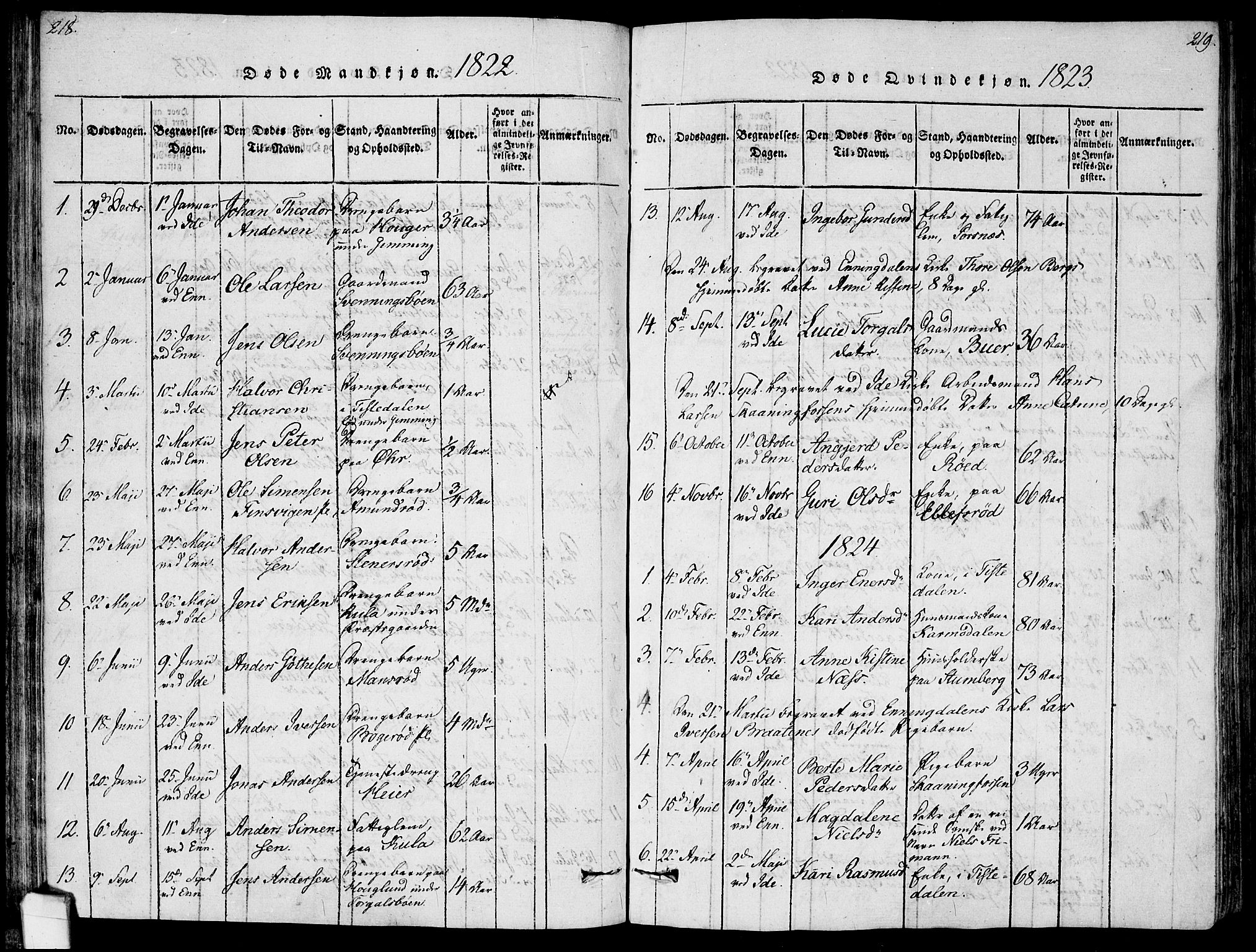 Idd prestekontor Kirkebøker, AV/SAO-A-10911/F/Fc/L0002: Parish register (official) no. III 2, 1815-1831, p. 218-219