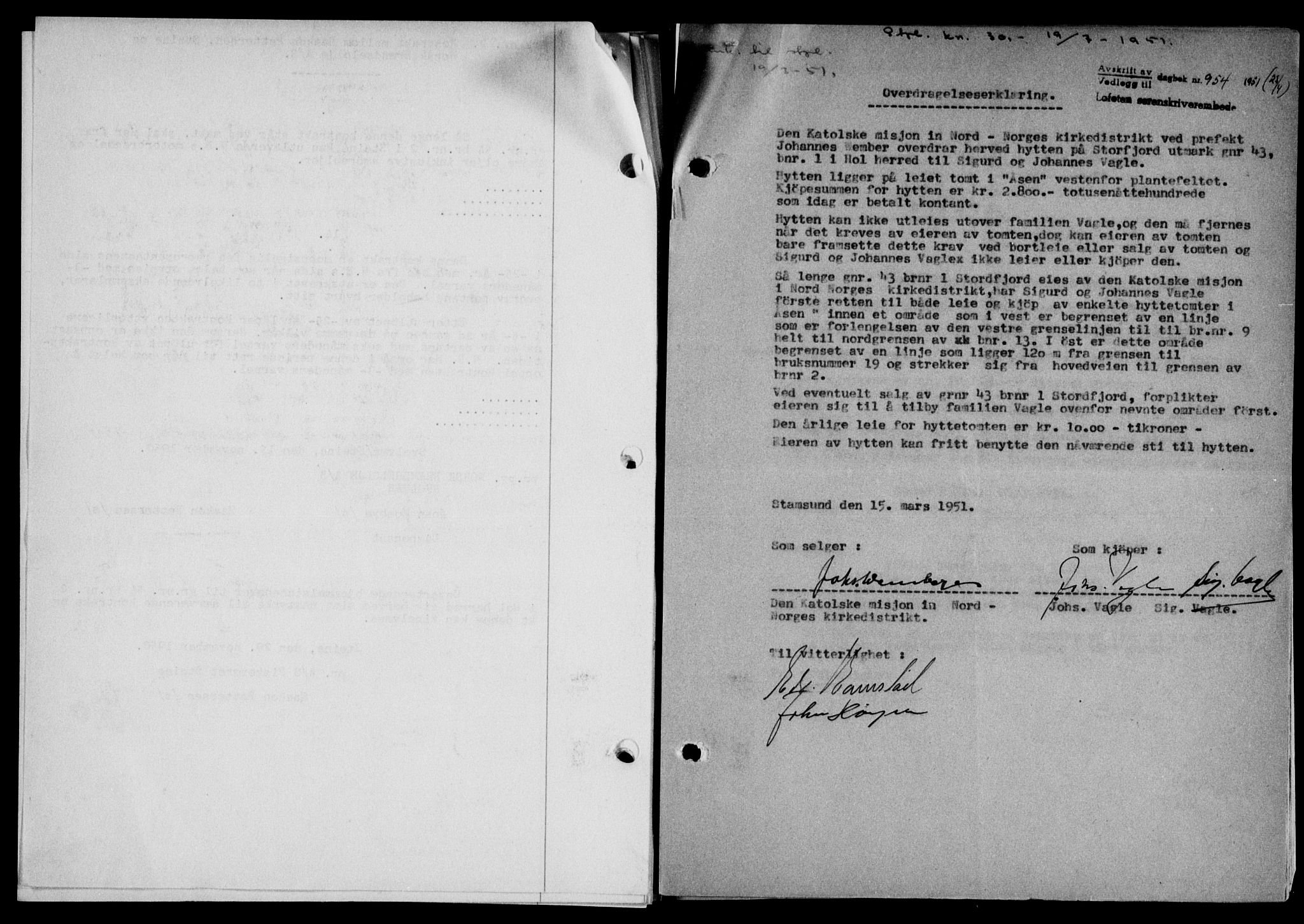 Lofoten sorenskriveri, SAT/A-0017/1/2/2C/L0025a: Mortgage book no. 25a, 1950-1951, Diary no: : 954/1951