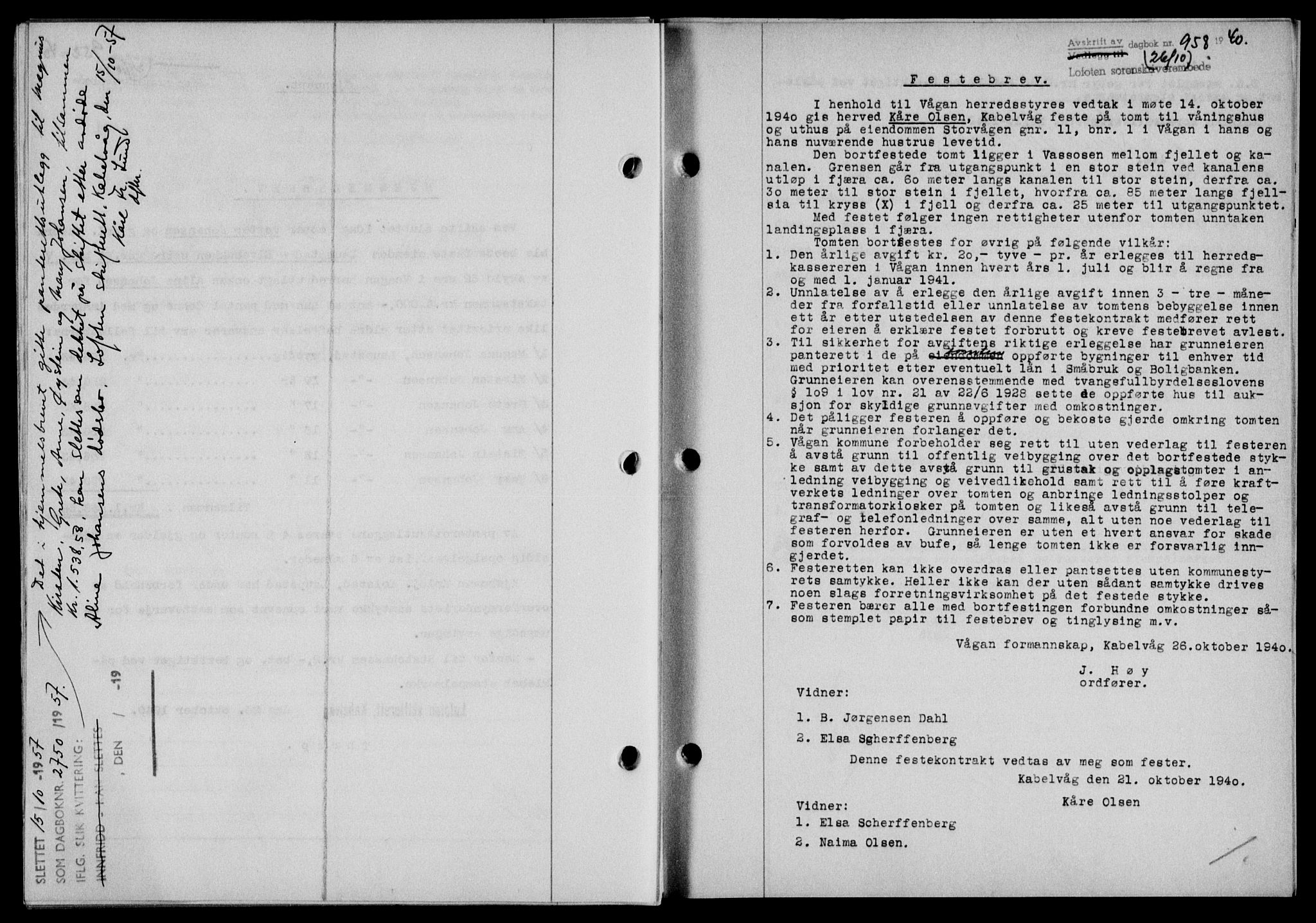 Lofoten sorenskriveri, SAT/A-0017/1/2/2C/L0007a: Mortgage book no. 7a, 1939-1940, Diary no: : 958/1940