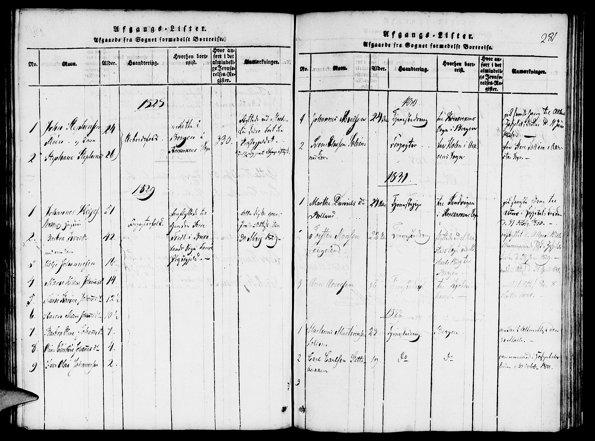 St. Jørgens hospital og Årstad sokneprestembete, AV/SAB-A-99934: Parish register (official) no. A 3, 1815-1843, p. 281