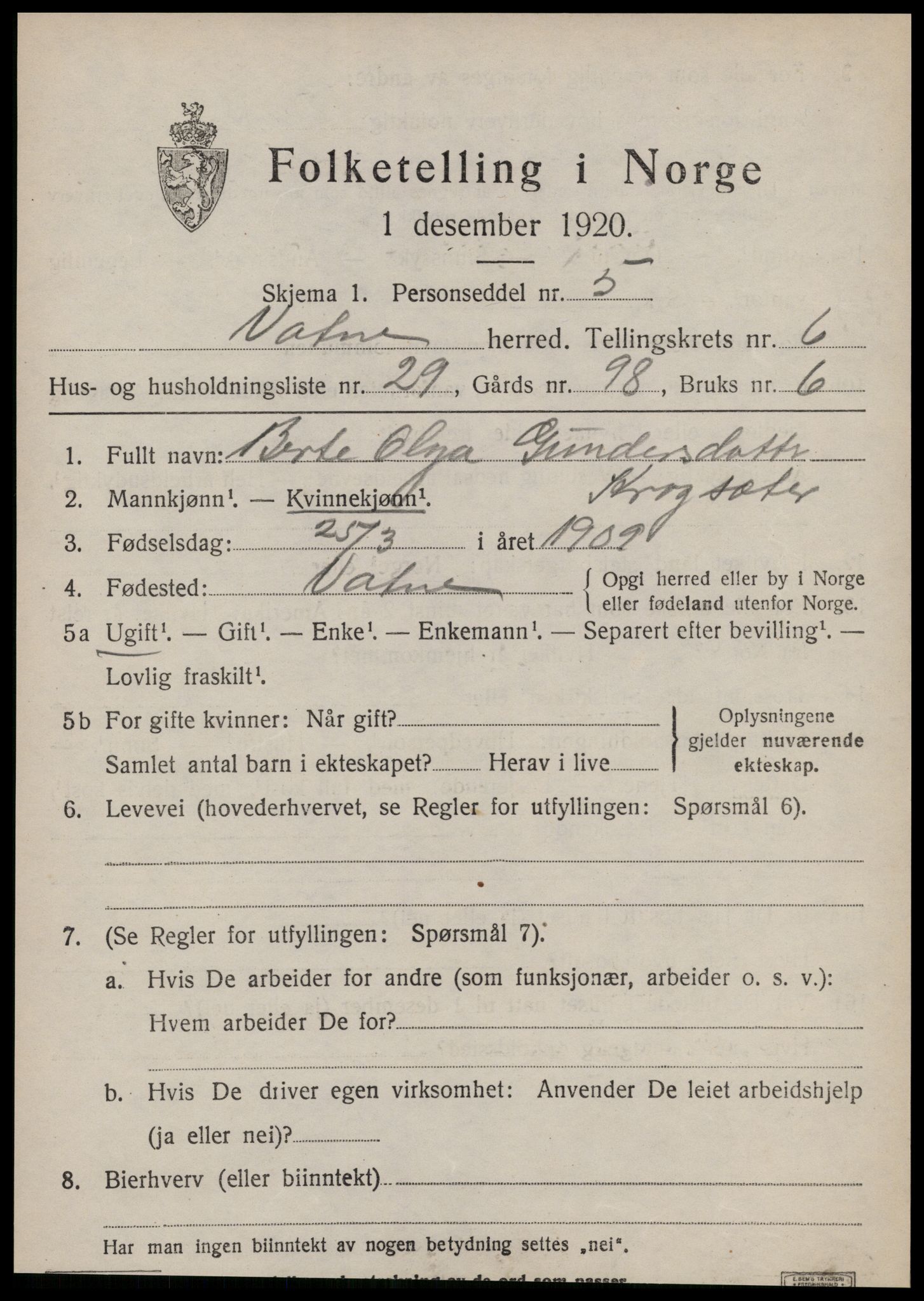 SAT, 1920 census for Vatne, 1920, p. 3104