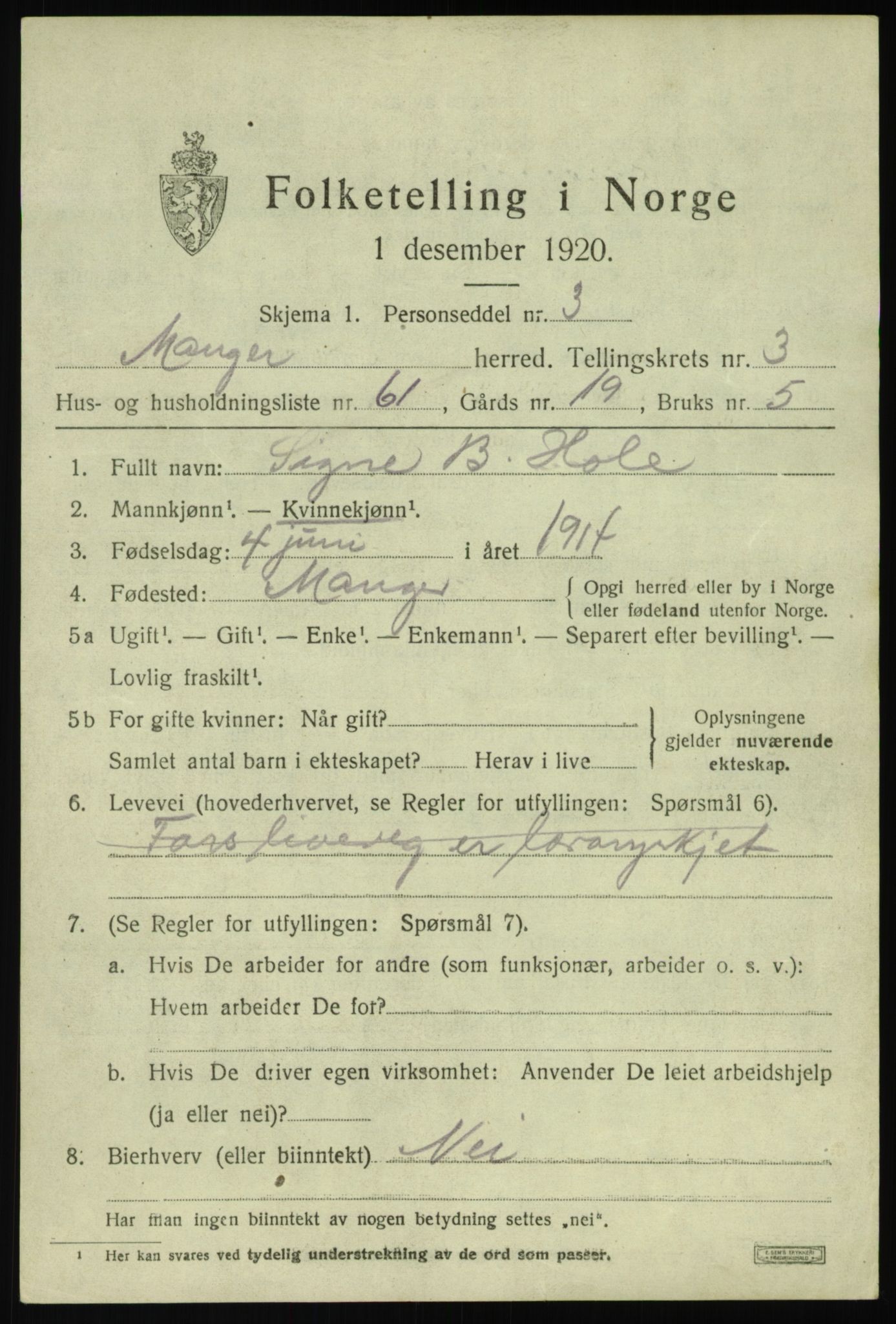 SAB, 1920 census for Manger, 1920, p. 2997