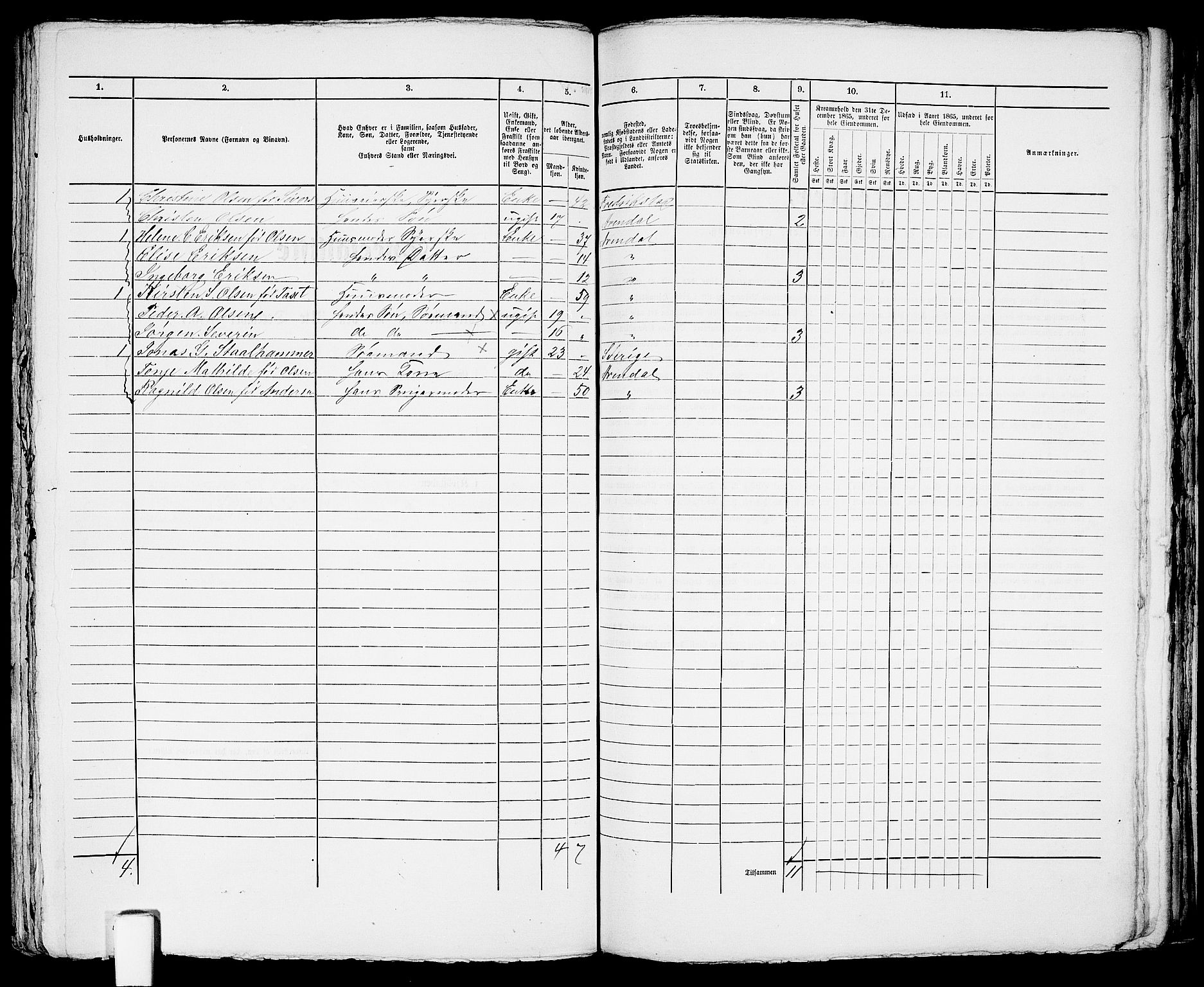 RA, 1865 census for Arendal, 1865, p. 587
