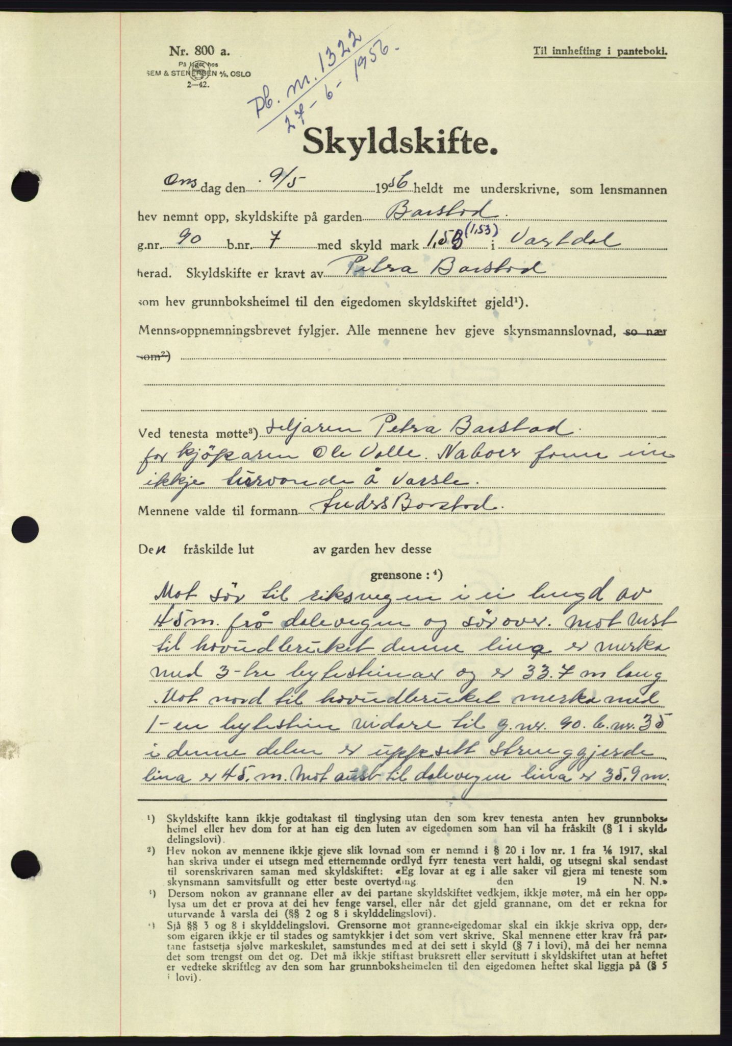 Søre Sunnmøre sorenskriveri, AV/SAT-A-4122/1/2/2C/L0104: Mortgage book no. 30A, 1956-1956, Diary no: : 1322/1956