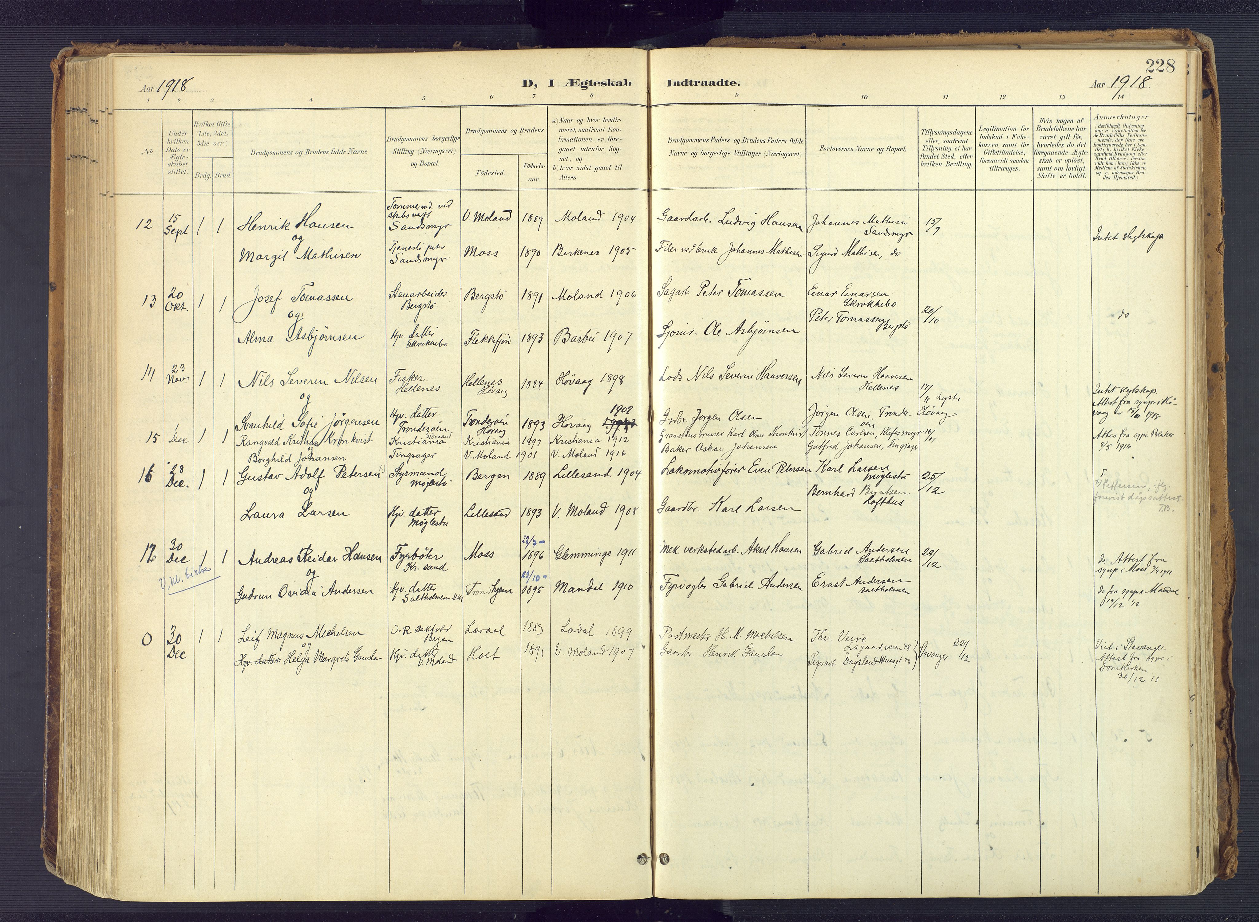 Vestre Moland sokneprestkontor, SAK/1111-0046/F/Fa/Fab/L0010: Parish register (official) no. A 10, 1900-1926, p. 228