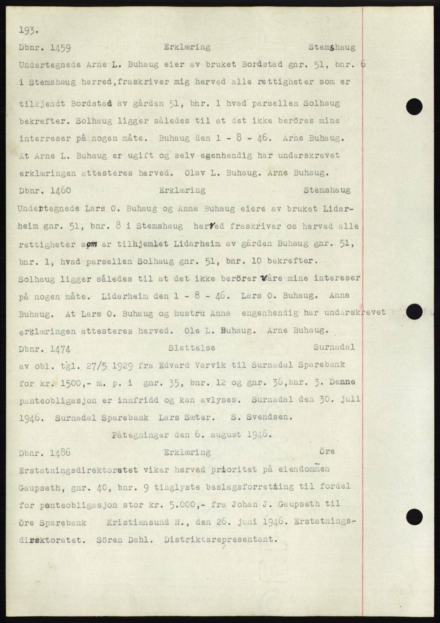 Nordmøre sorenskriveri, SAT/A-4132/1/2/2Ca: Mortgage book no. C82b, 1946-1951, Diary no: : 1459/1946