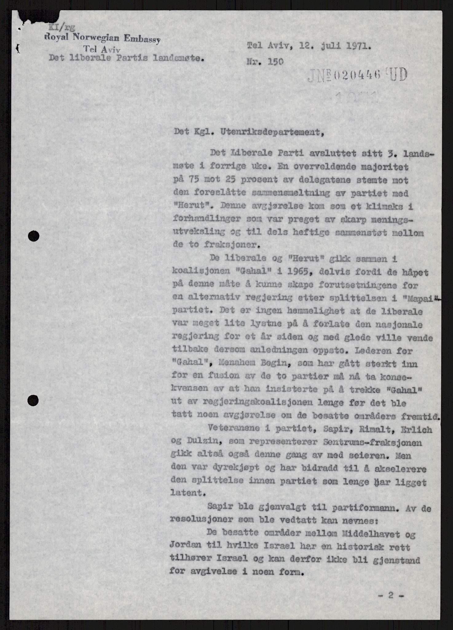 Utenriksdepartementet, hovedarkiv, AV/RA-S-6794/D/Db/Dba/L0776/0003: Verdenspolitikk. Fremmede staters politikk (G.L.) / Israel: Politikk (2 mapper), 1970-1972, p. 116
