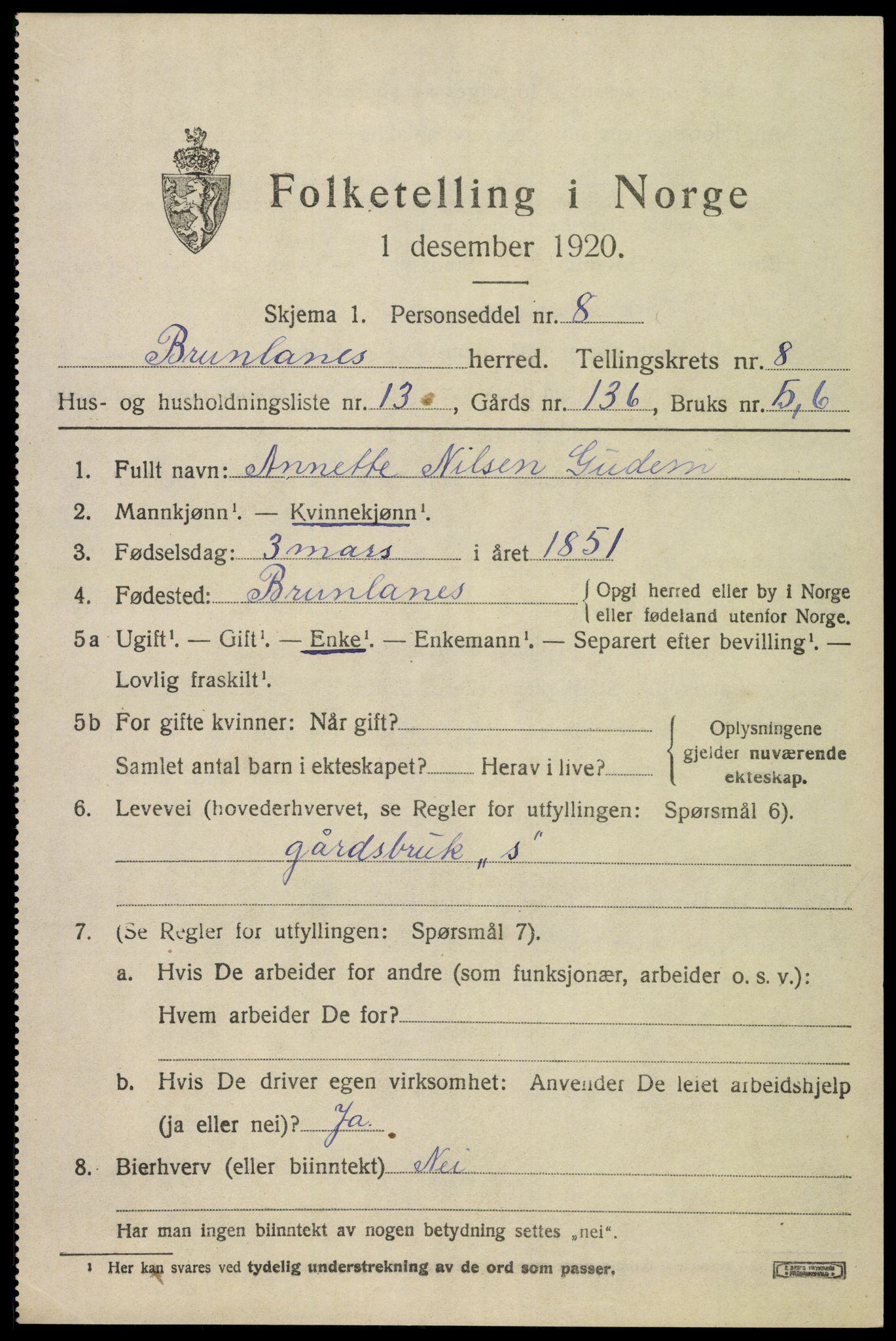 SAKO, 1920 census for Brunlanes, 1920, p. 7759