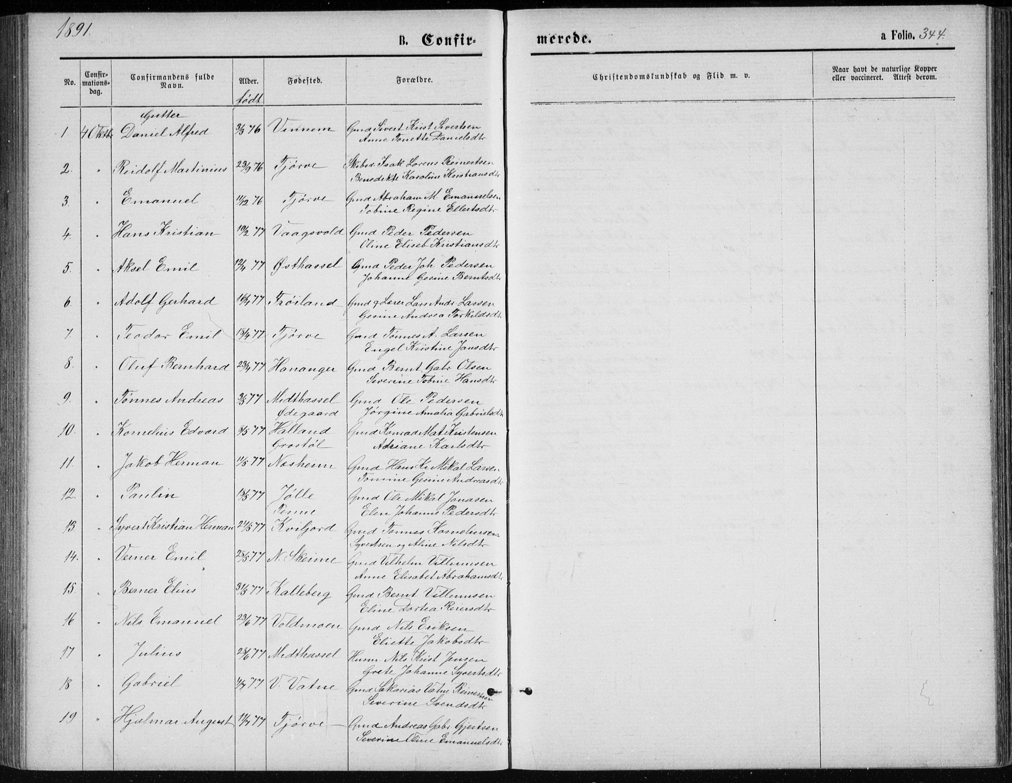 Lista sokneprestkontor, AV/SAK-1111-0027/F/Fb/L0004: Parish register (copy) no. B 4, 1877-1891, p. 344