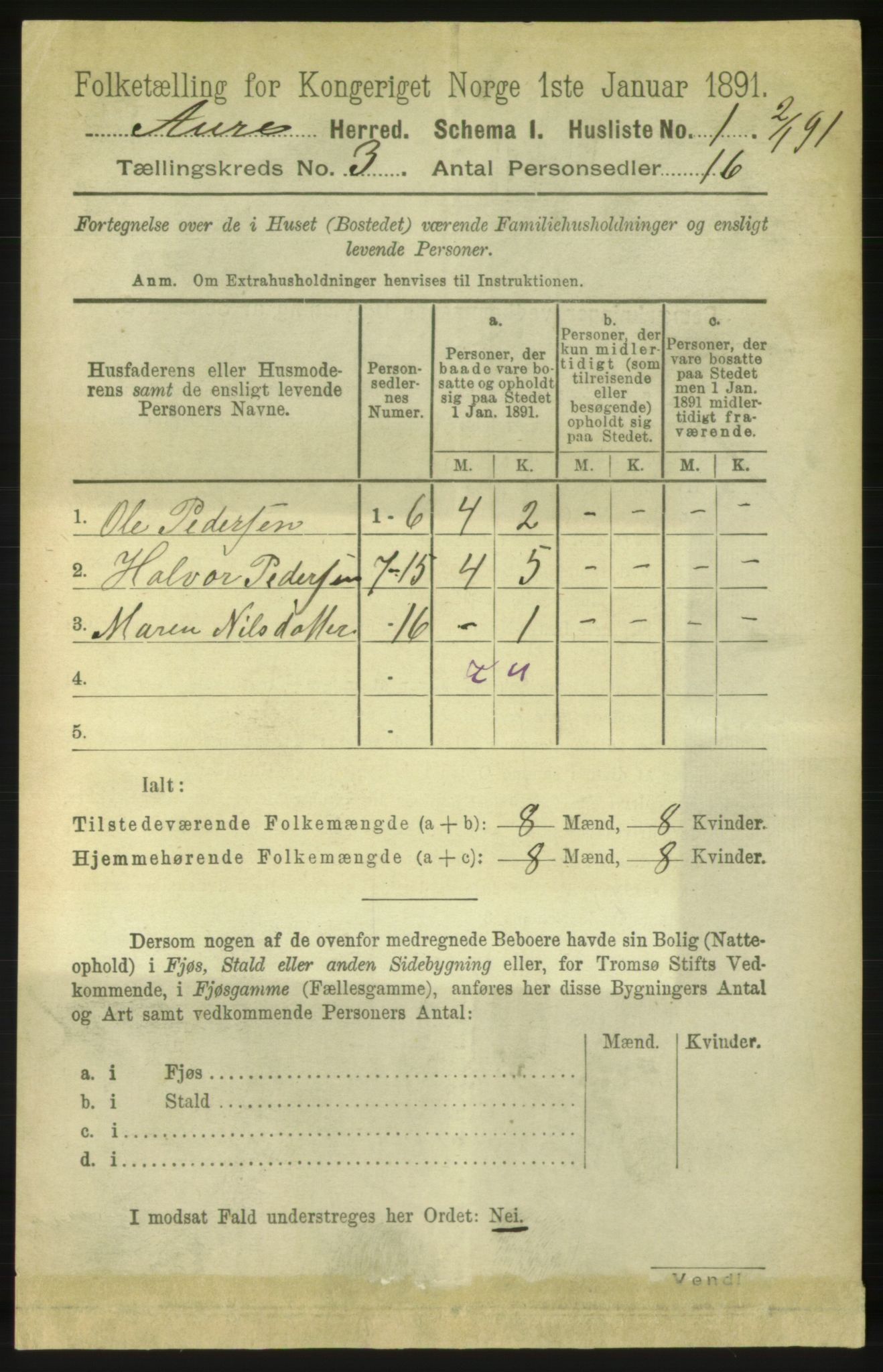 RA, 1891 census for 1569 Aure, 1891, p. 1492