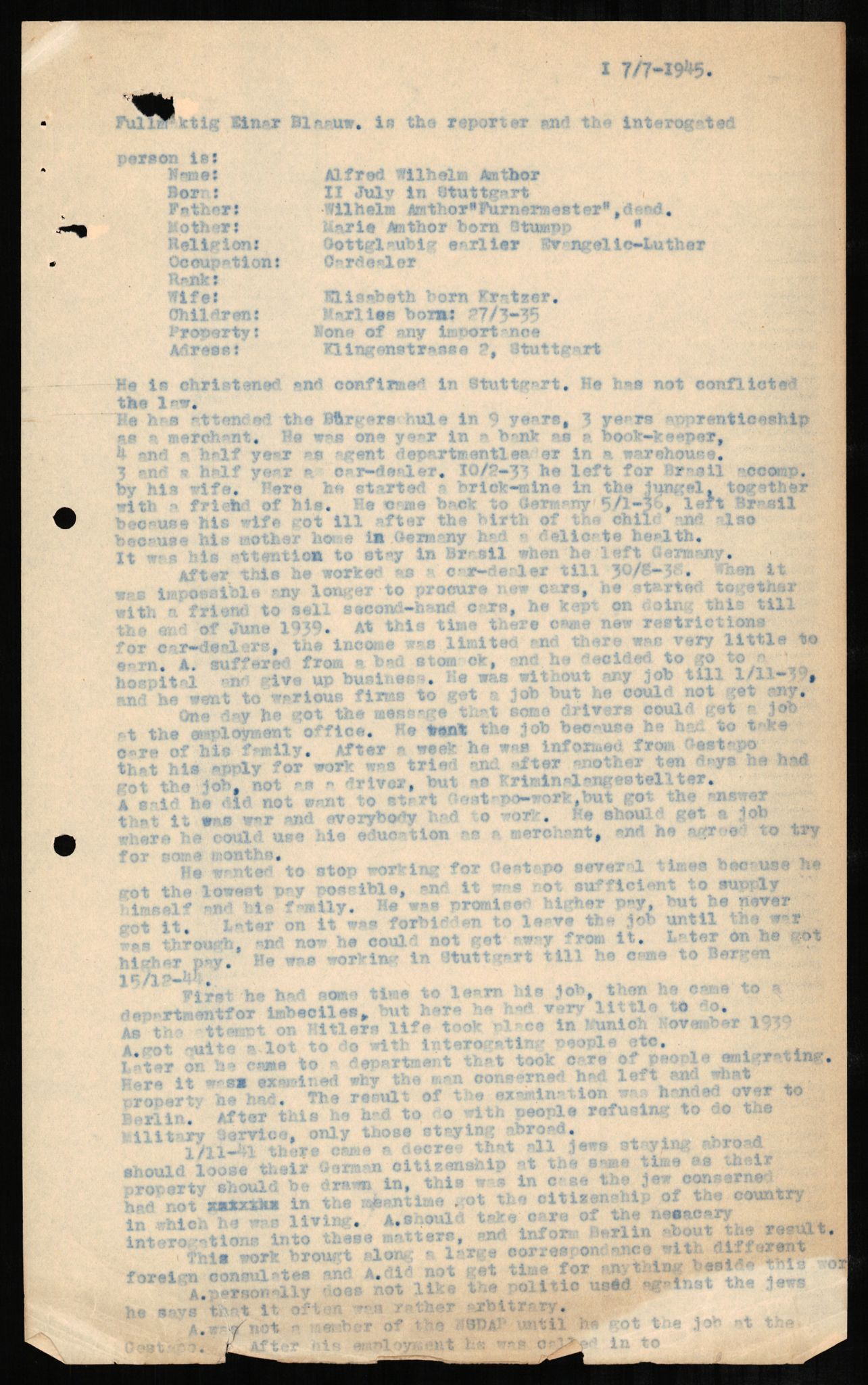 Forsvaret, Forsvarets overkommando II, AV/RA-RAFA-3915/D/Db/L0001: CI Questionaires. Tyske okkupasjonsstyrker i Norge. Tyskere., 1945-1946, p. 199