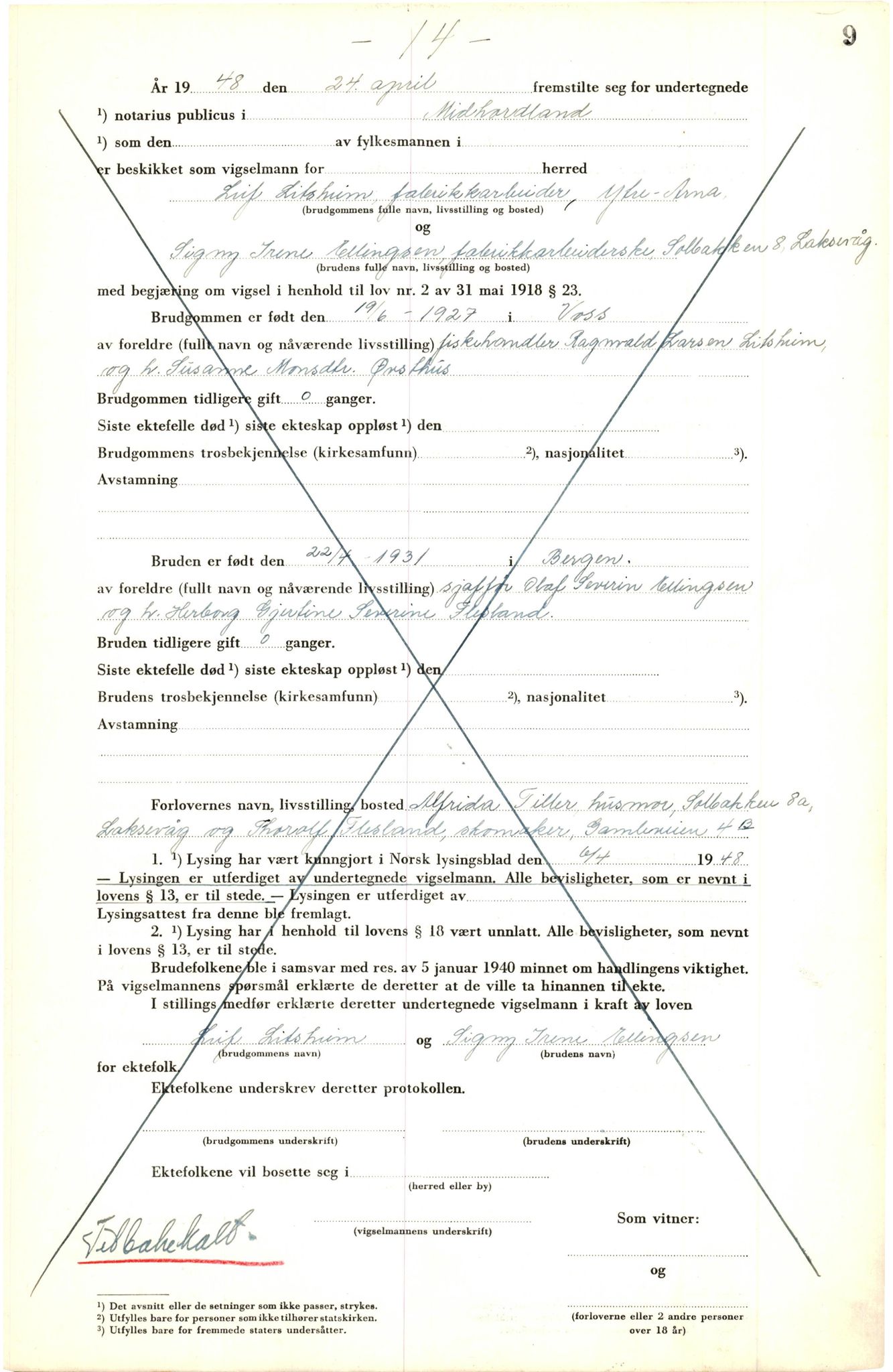 Midhordland sorenskriveri, SAB/A-3001/1/M/Mc/Mca/L0008: Vigselbok, 1948-1952, p. 9