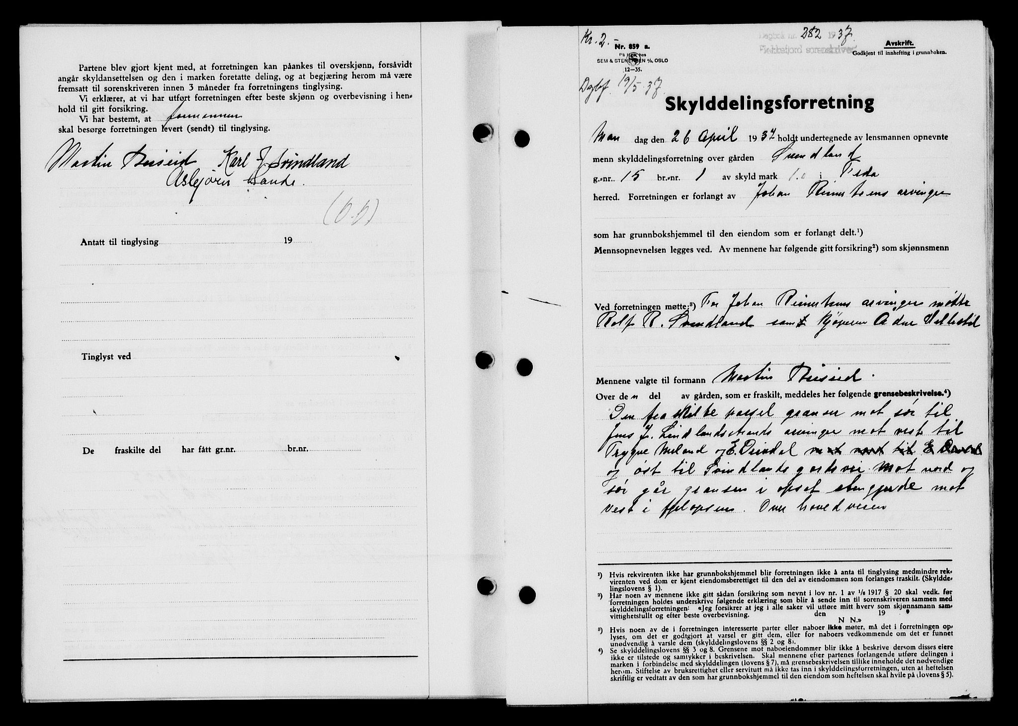 Flekkefjord sorenskriveri, SAK/1221-0001/G/Gb/Gba/L0053: Mortgage book no. A-1, 1936-1937, Diary no: : 282/1937