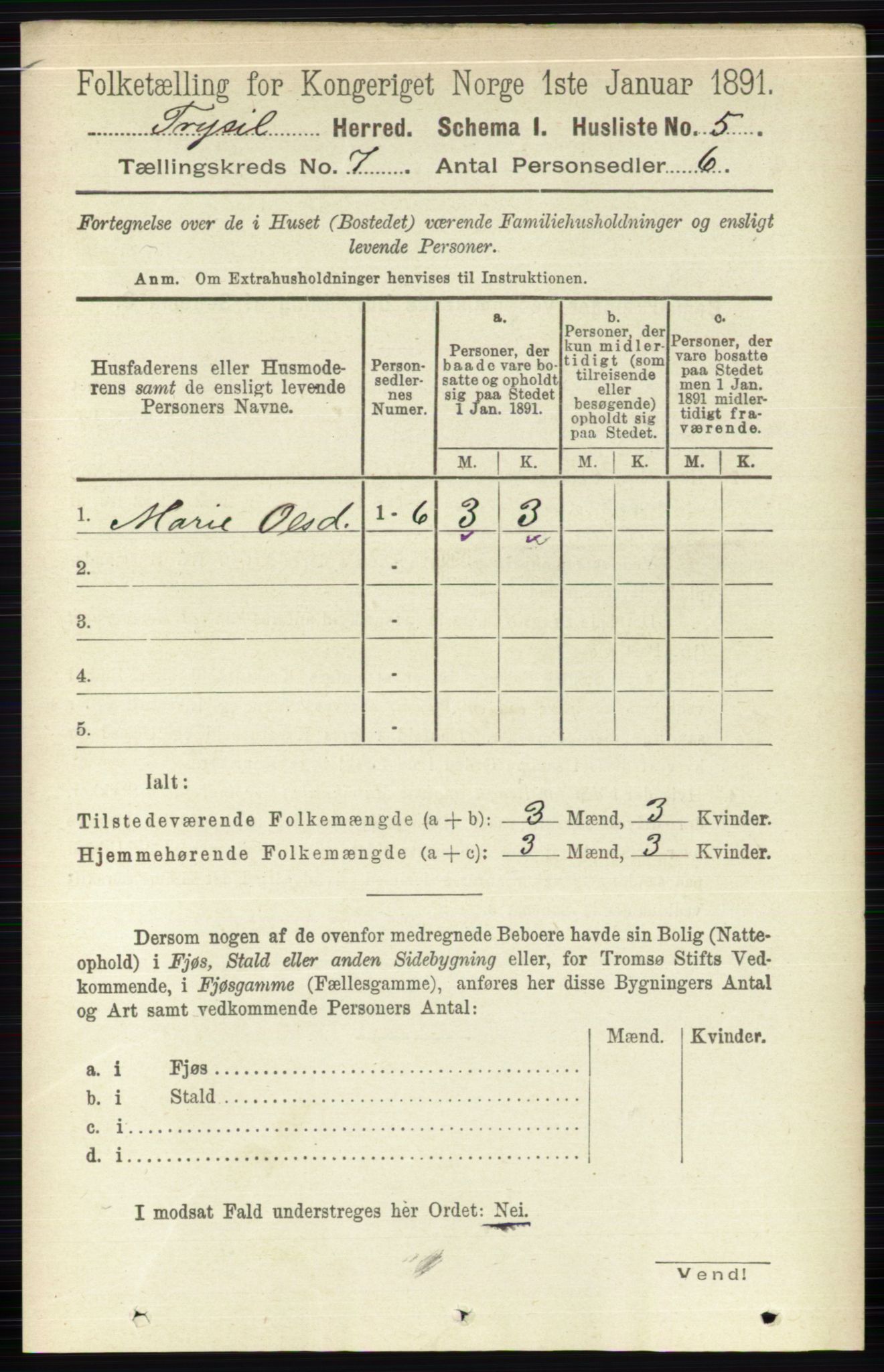 RA, 1891 census for 0428 Trysil, 1891, p. 3076