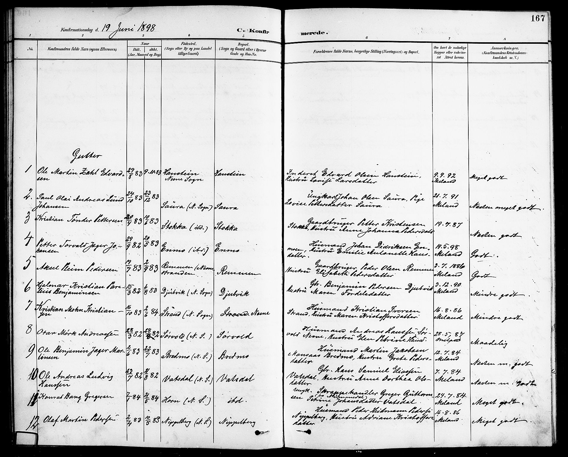 Ministerialprotokoller, klokkerbøker og fødselsregistre - Nordland, AV/SAT-A-1459/838/L0559: Parish register (copy) no. 838C06, 1893-1910, p. 167