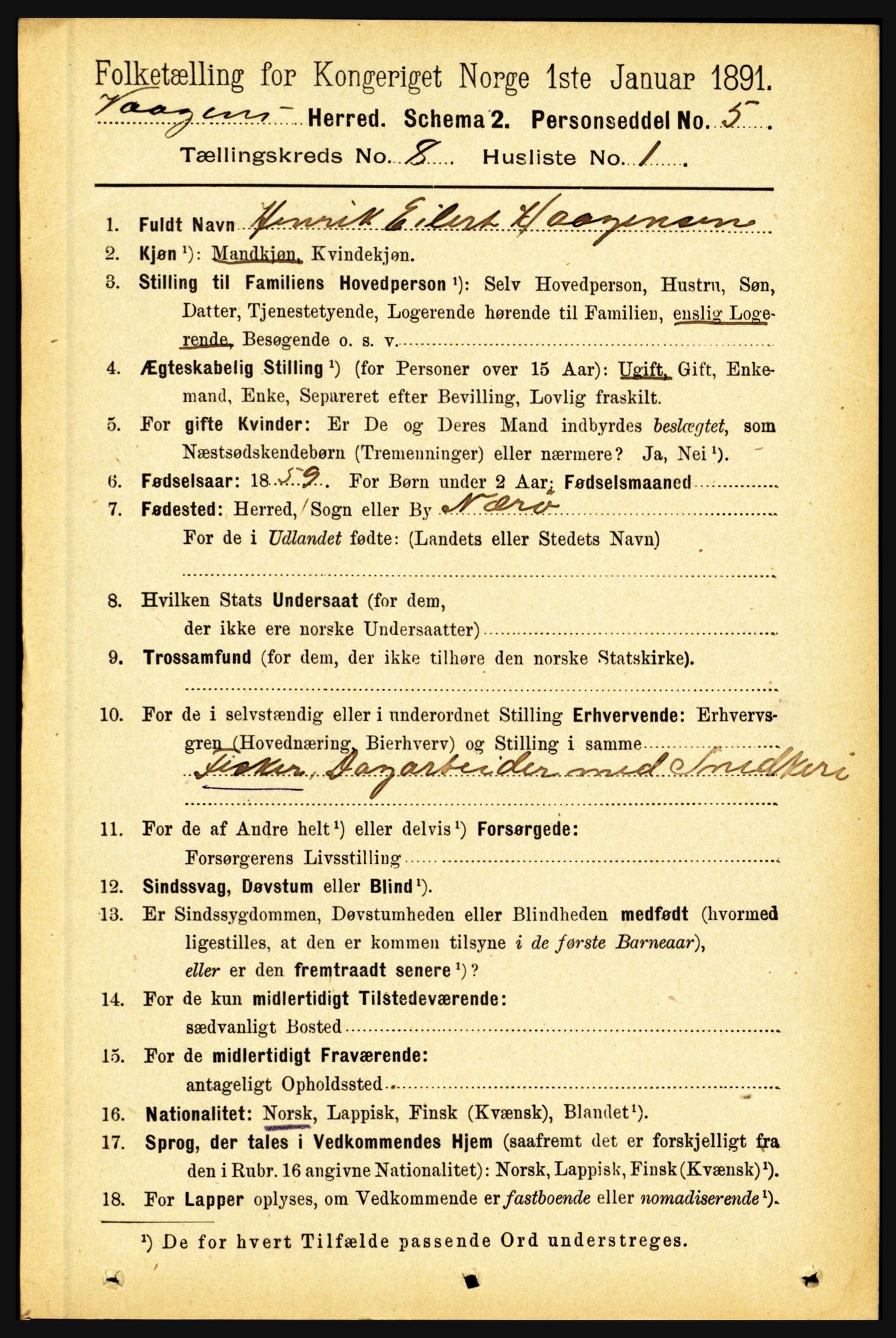 RA, 1891 census for 1865 Vågan, 1891, p. 2099