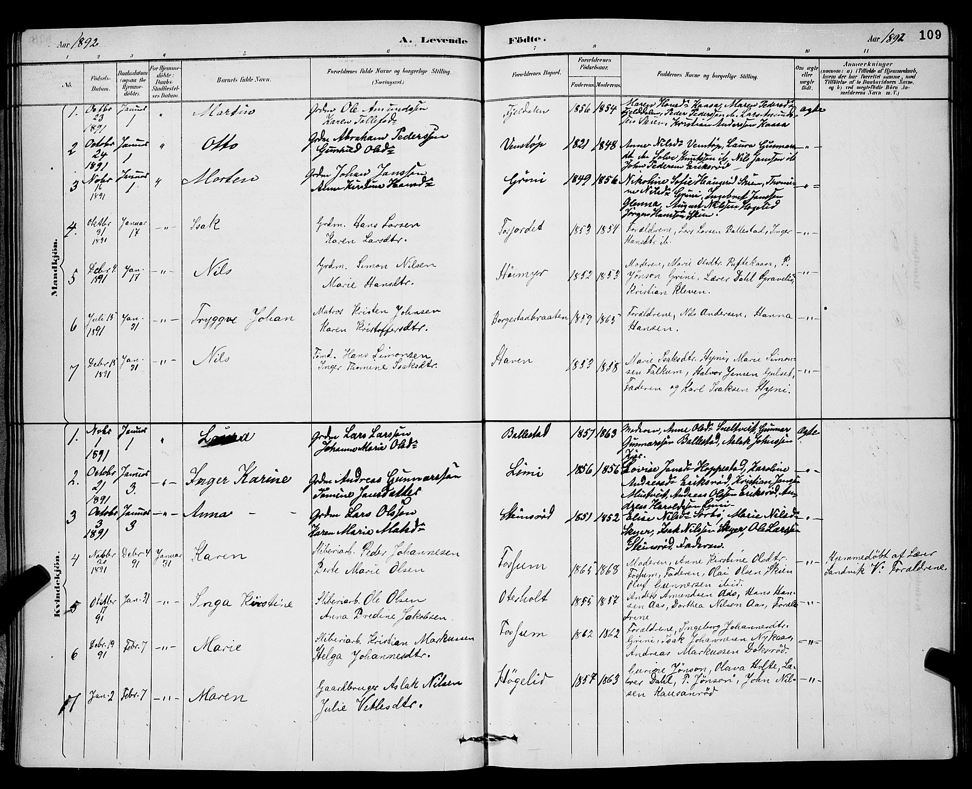 Gjerpen kirkebøker, SAKO/A-265/G/Ga/L0002: Parish register (copy) no. I 2, 1883-1900, p. 109