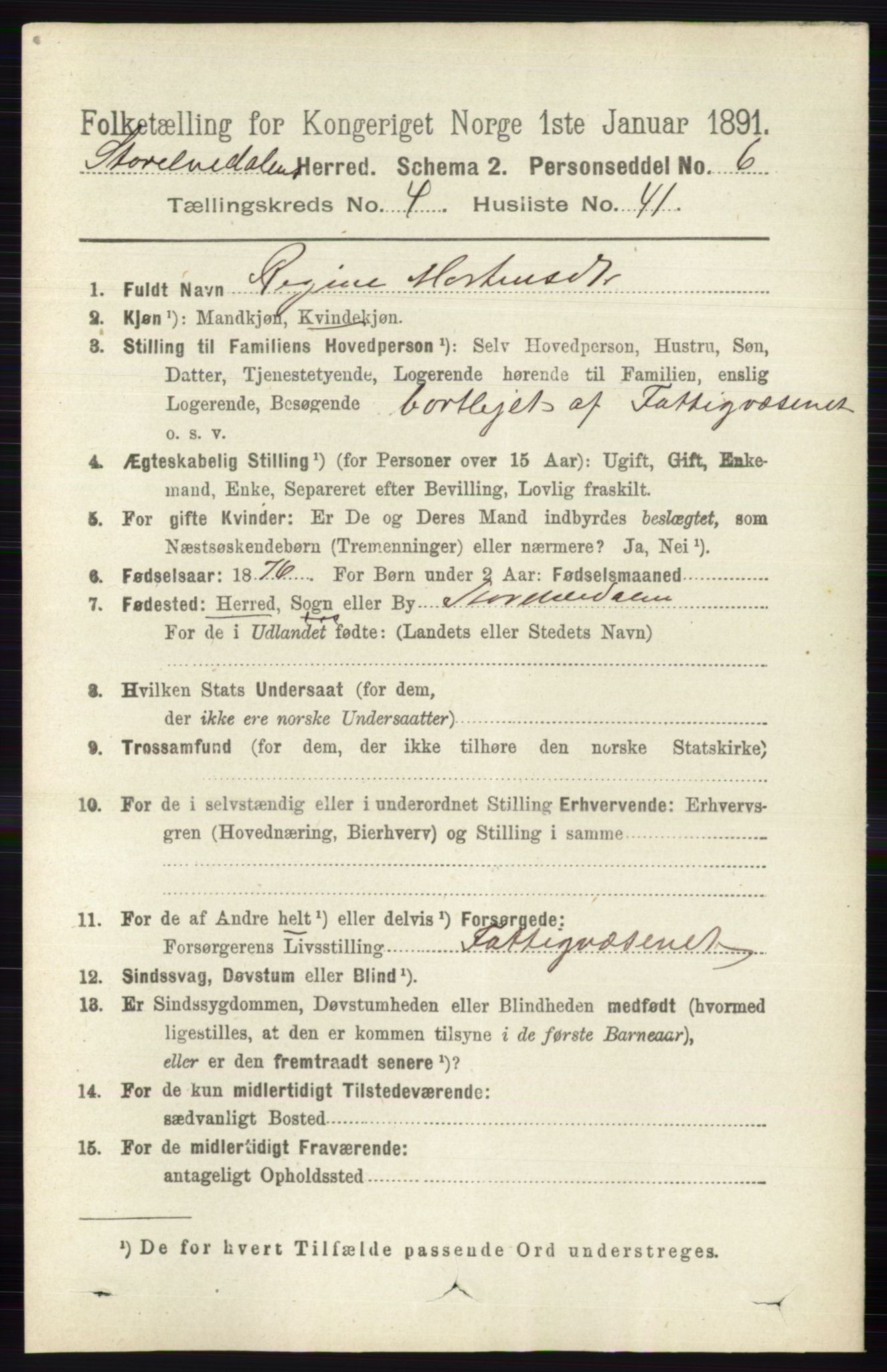 RA, 1891 census for 0430 Stor-Elvdal, 1891, p. 1662