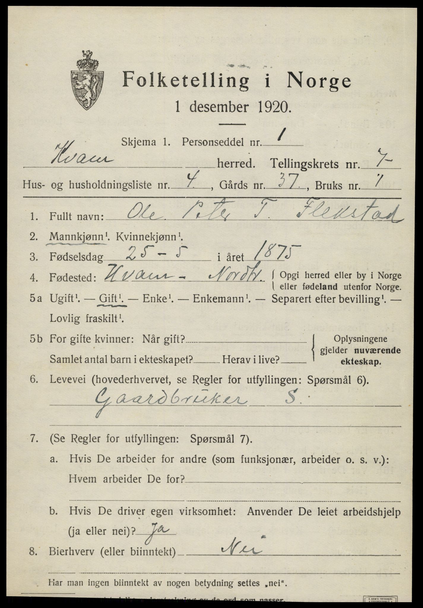 SAT, 1920 census for Kvam, 1920, p. 1835