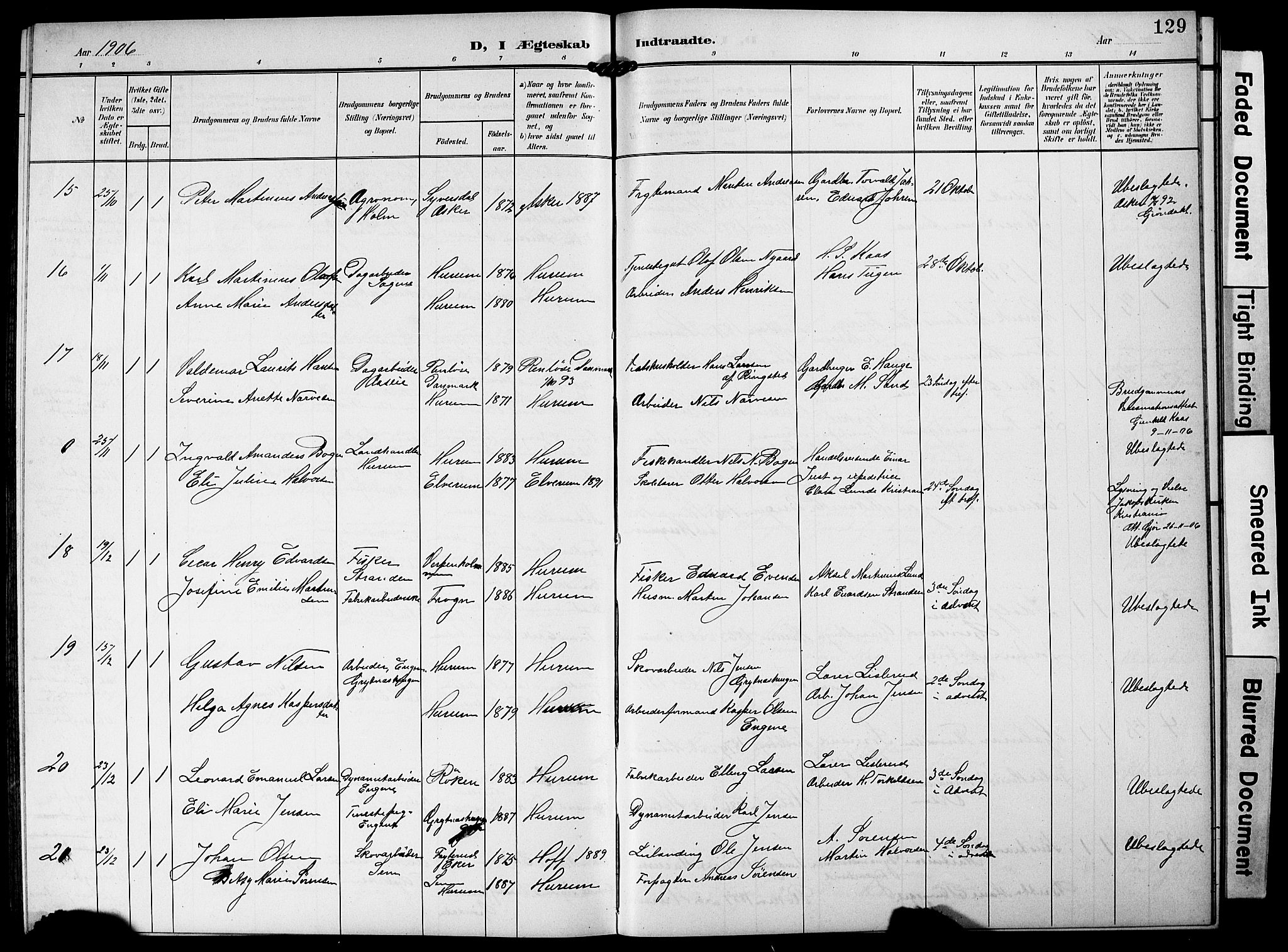 Hurum kirkebøker, AV/SAKO-A-229/G/Ga/L0004: Parish register (copy) no. I 4, 1904-1909, p. 129