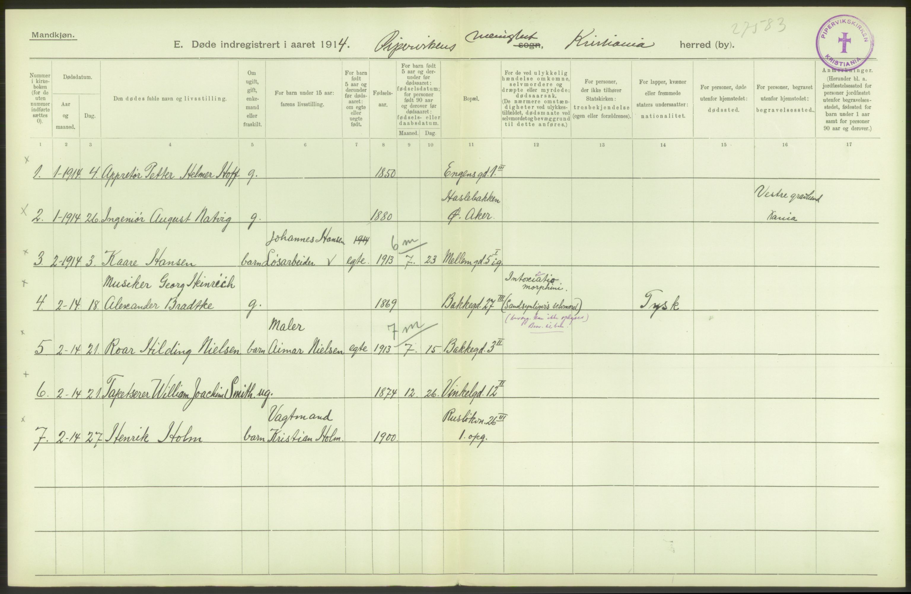 Statistisk sentralbyrå, Sosiodemografiske emner, Befolkning, AV/RA-S-2228/D/Df/Dfb/Dfbd/L0008: Kristiania: Døde, 1914, p. 54