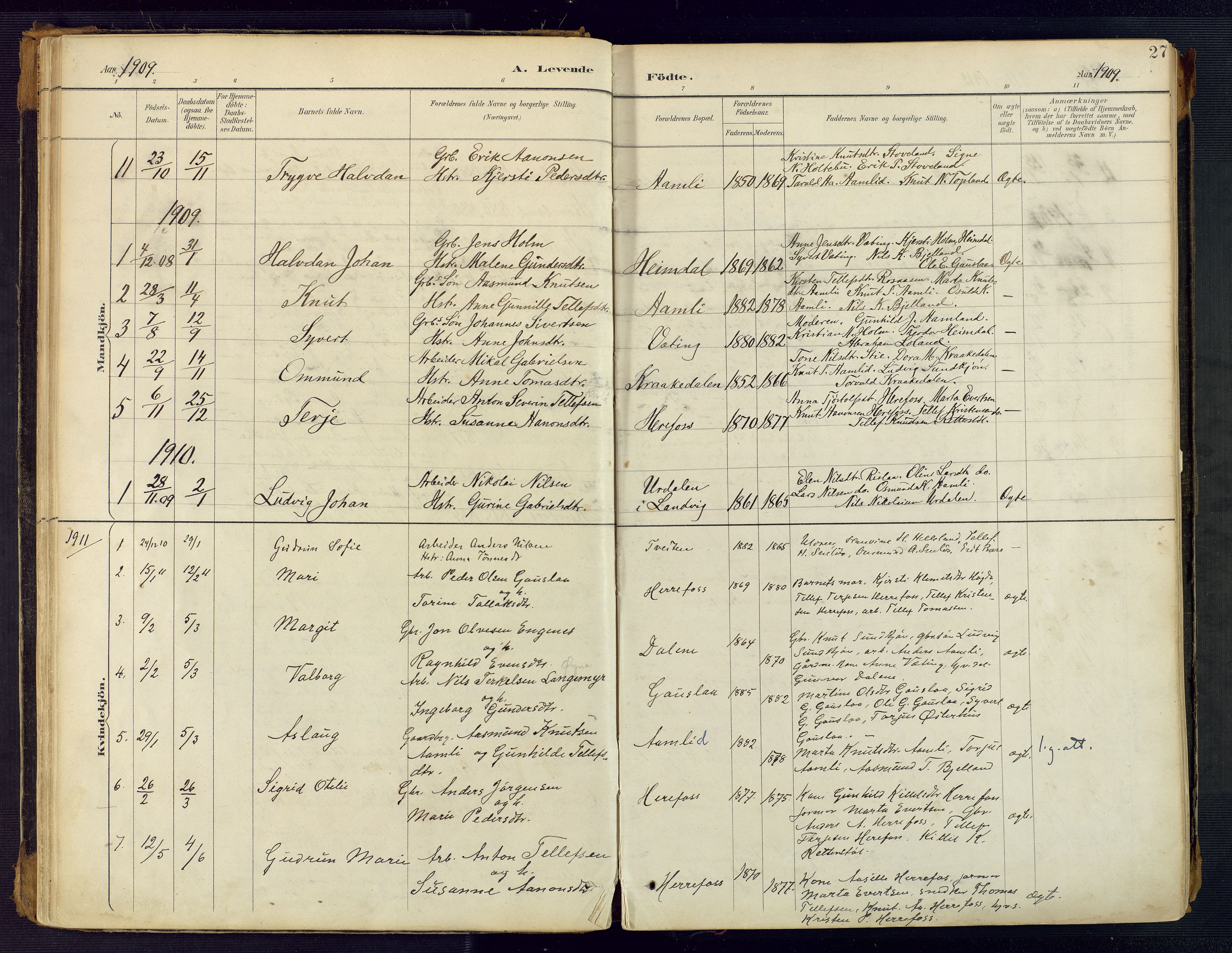 Herefoss sokneprestkontor, AV/SAK-1111-0019/F/Fa/Faa/L0003: Parish register (official) no. A 3, 1887-1930, p. 27