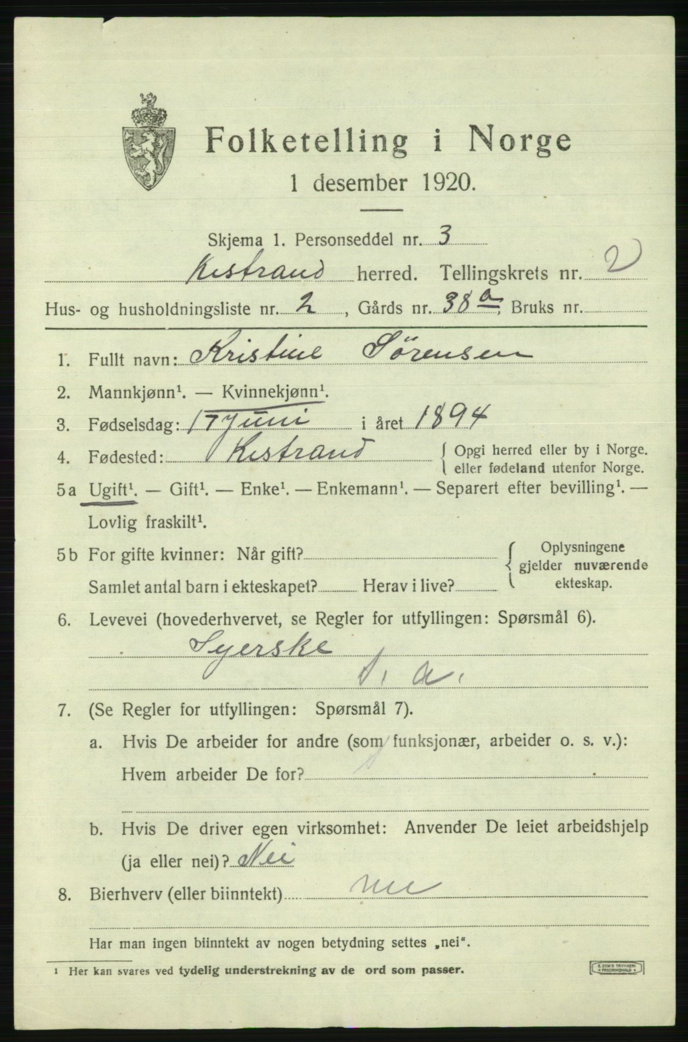 SATØ, 1920 census for Kistrand, 1920, p. 1506