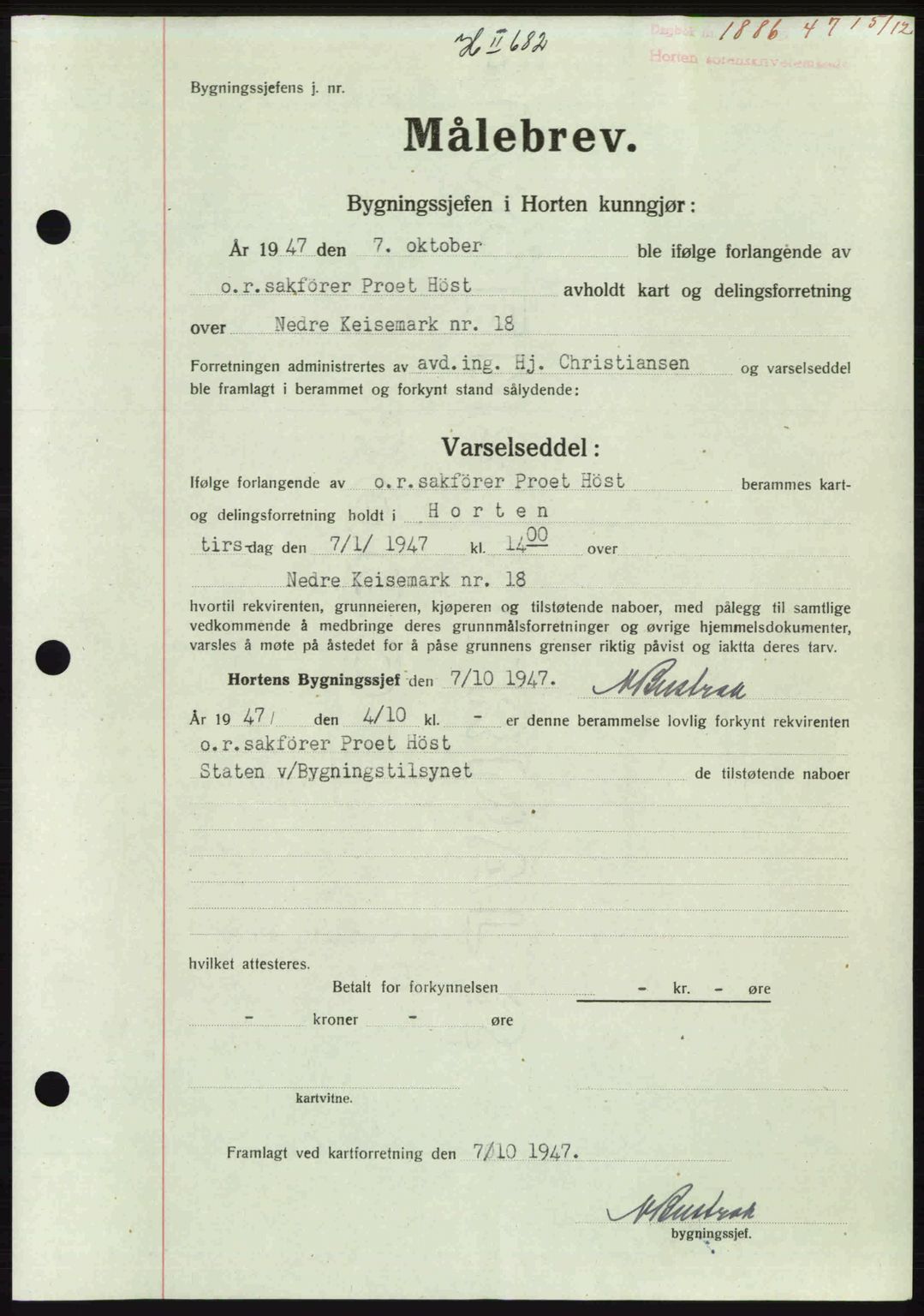 Horten sorenskriveri, AV/SAKO-A-133/G/Ga/Gaa/L0010: Mortgage book no. A-10, 1947-1948, Diary no: : 1886/1947