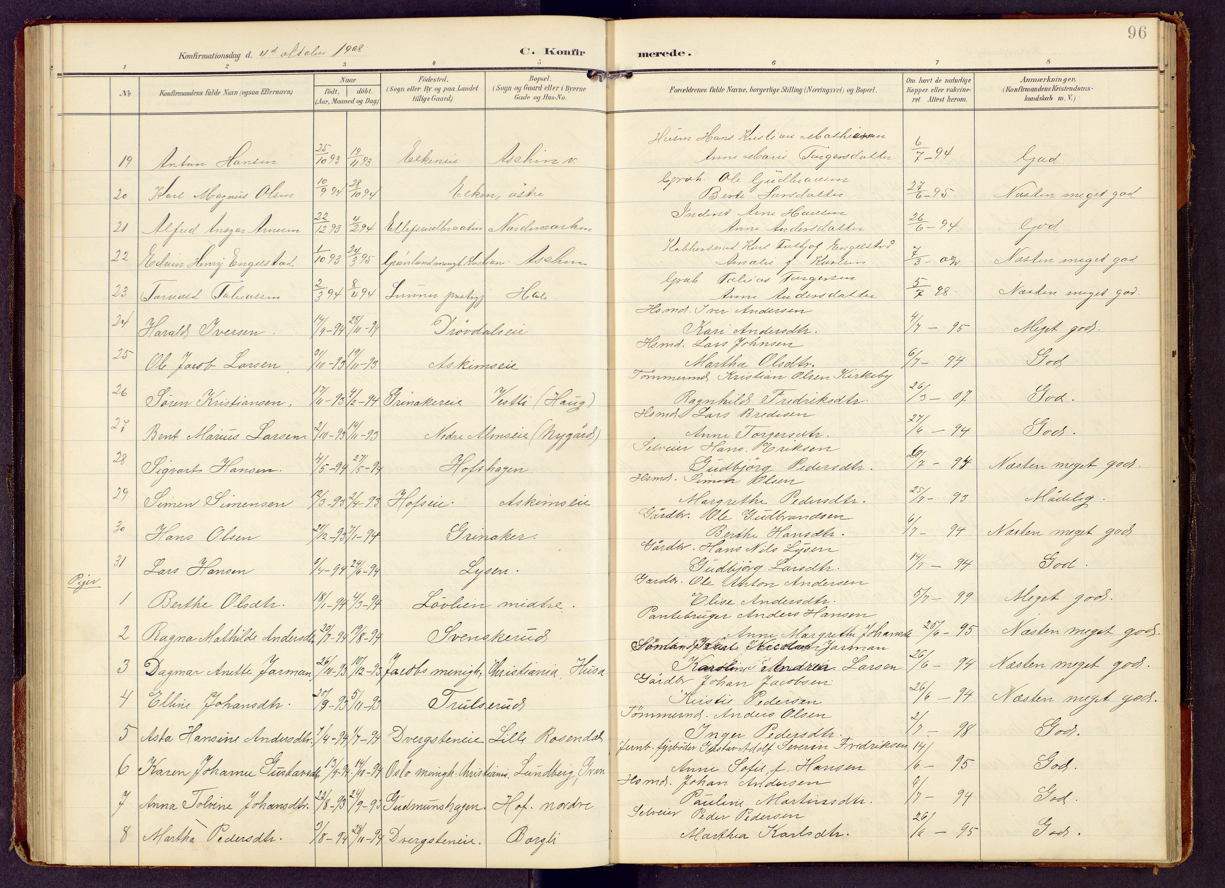 Brandbu prestekontor, SAH/PREST-114/H/Ha/Hab/L0009: Parish register (copy) no. 9, 1903-1916, p. 96