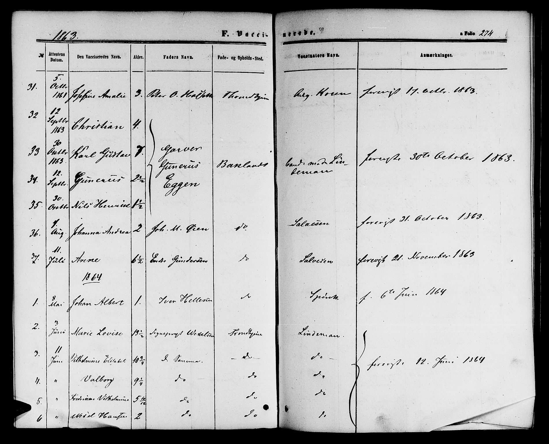 Ministerialprotokoller, klokkerbøker og fødselsregistre - Sør-Trøndelag, SAT/A-1456/604/L0185: Parish register (official) no. 604A06, 1861-1865, p. 274