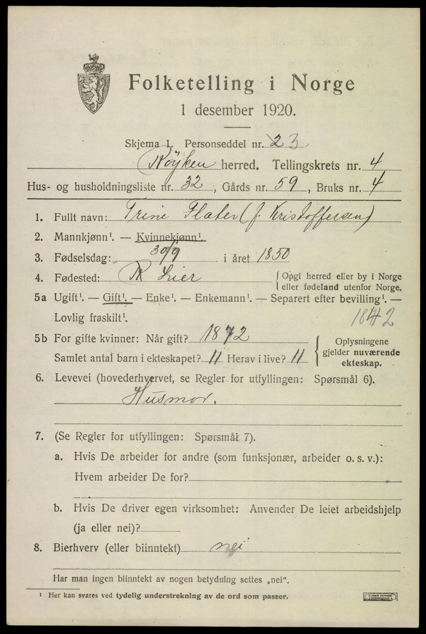 SAKO, 1920 census for Røyken, 1920, p. 5932