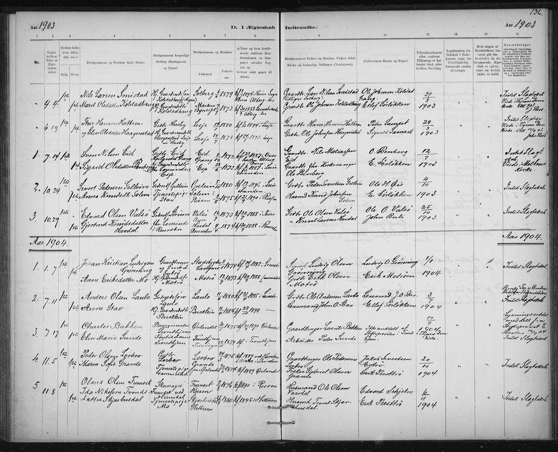 Ministerialprotokoller, klokkerbøker og fødselsregistre - Sør-Trøndelag, SAT/A-1456/613/L0392: Parish register (official) no. 613A01, 1887-1906, p. 136